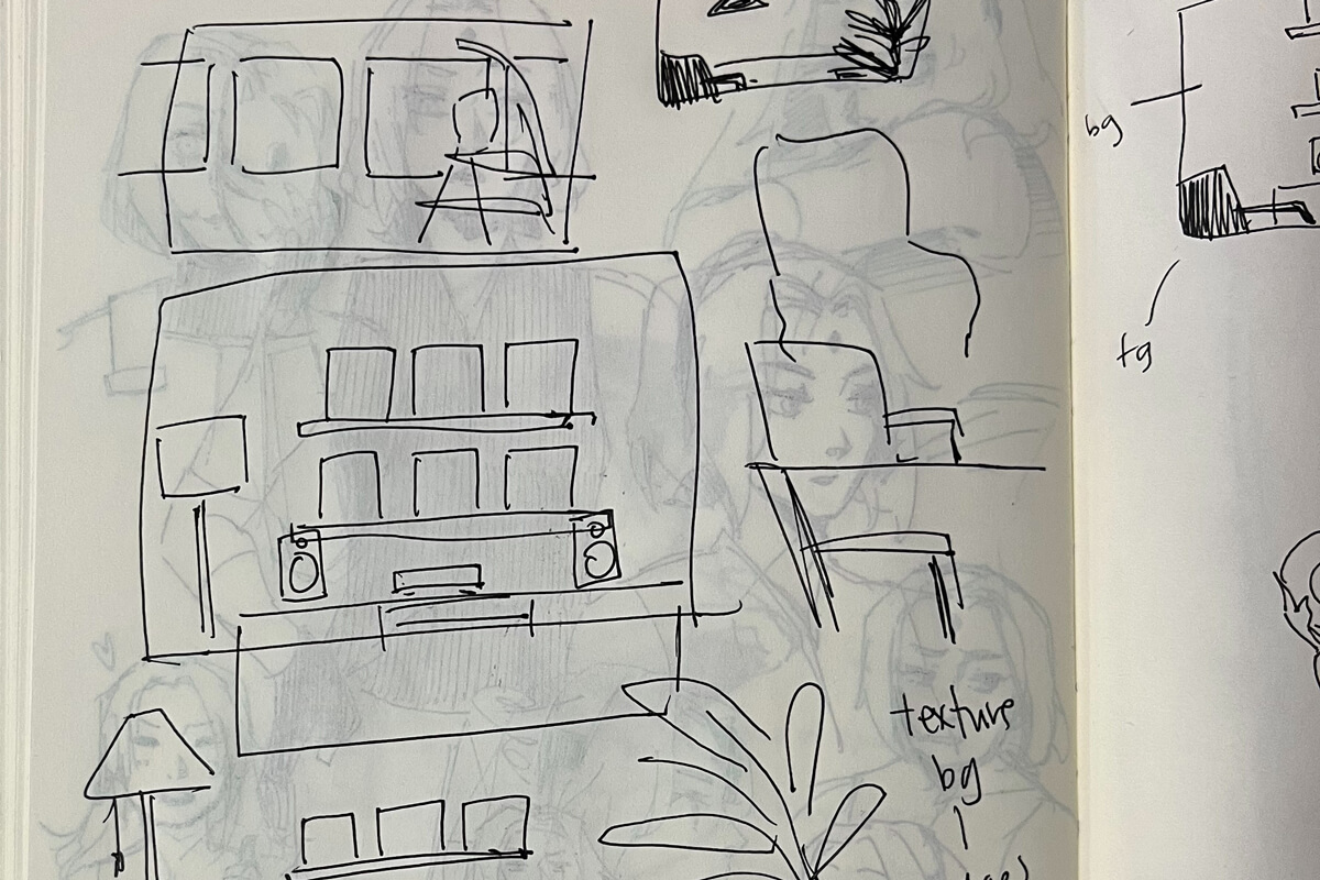 Messy pen sketches in a notebook, showing the rough shapes of the room. Visible through the back of the page are sketches of an anime character.