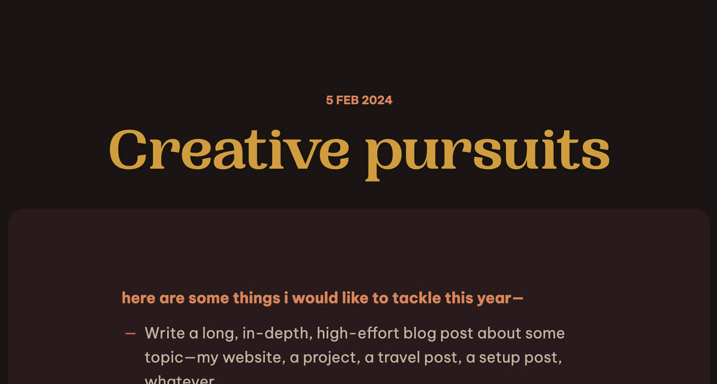 A sample blog post, with a dark brown background and yellow title text.
