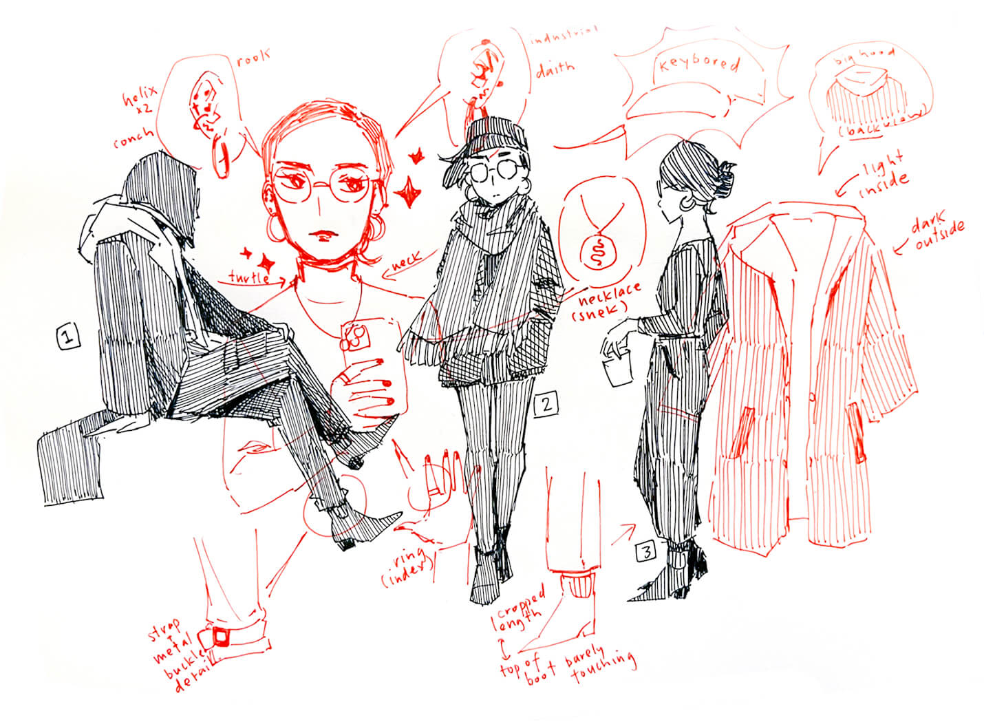 Sketches of myself: wearing a long coat and pants; a cap, big scarf, and short coat; cropped pants and plain top, holding coffee. All outfits are black. Overlapping sketches show closeups like jewelry and clothing details.