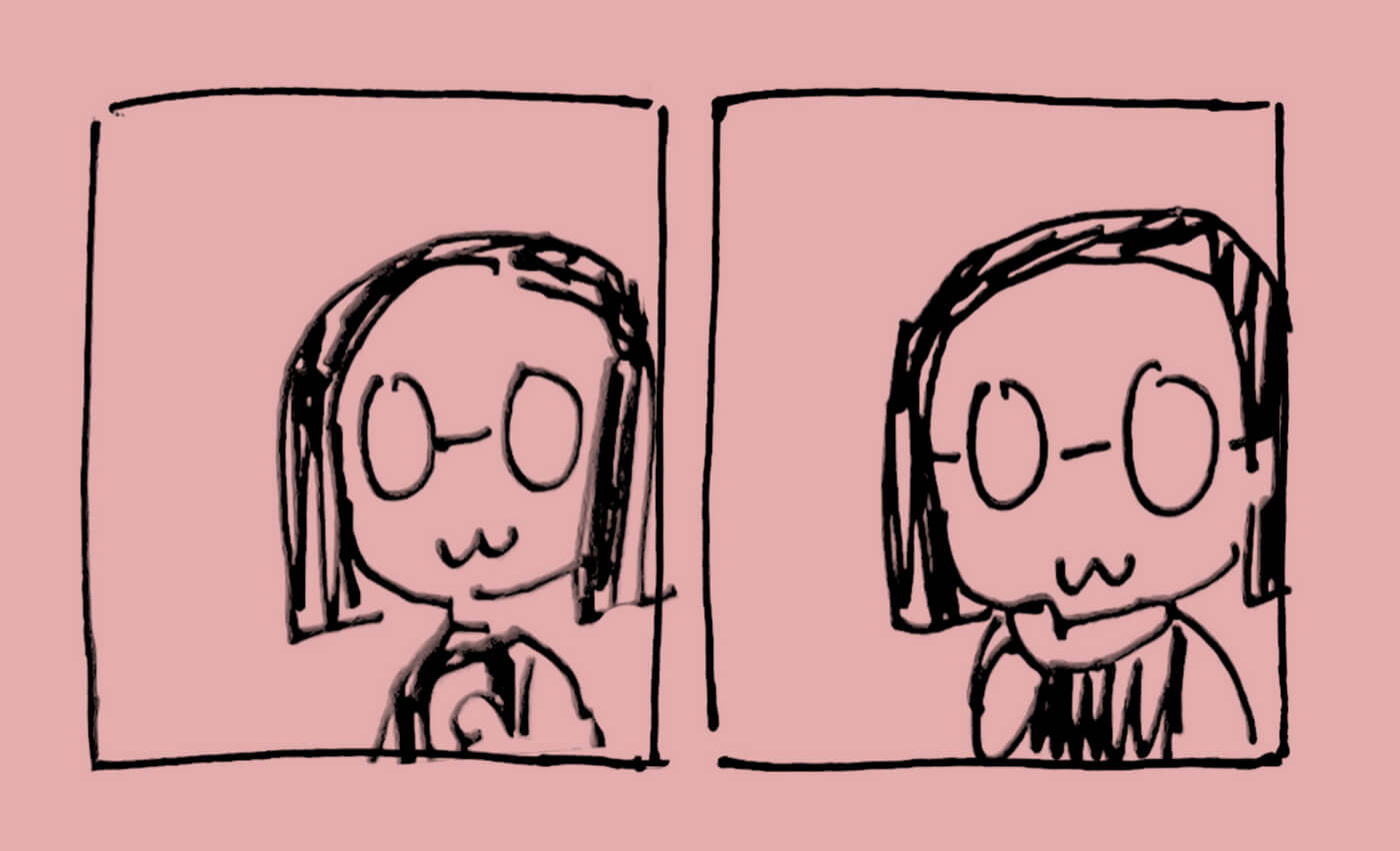 A two panel comic, taken from my homepage: 1. I'm simply staring into space. 2. I make a 'hmm' gesture.