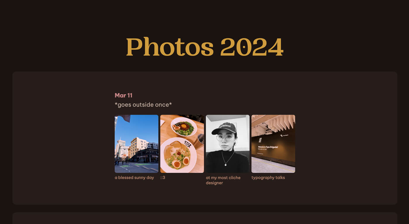 Work in progress page titled ‘Photos 2024,’ showing one entry for Mar 11 with four photos.