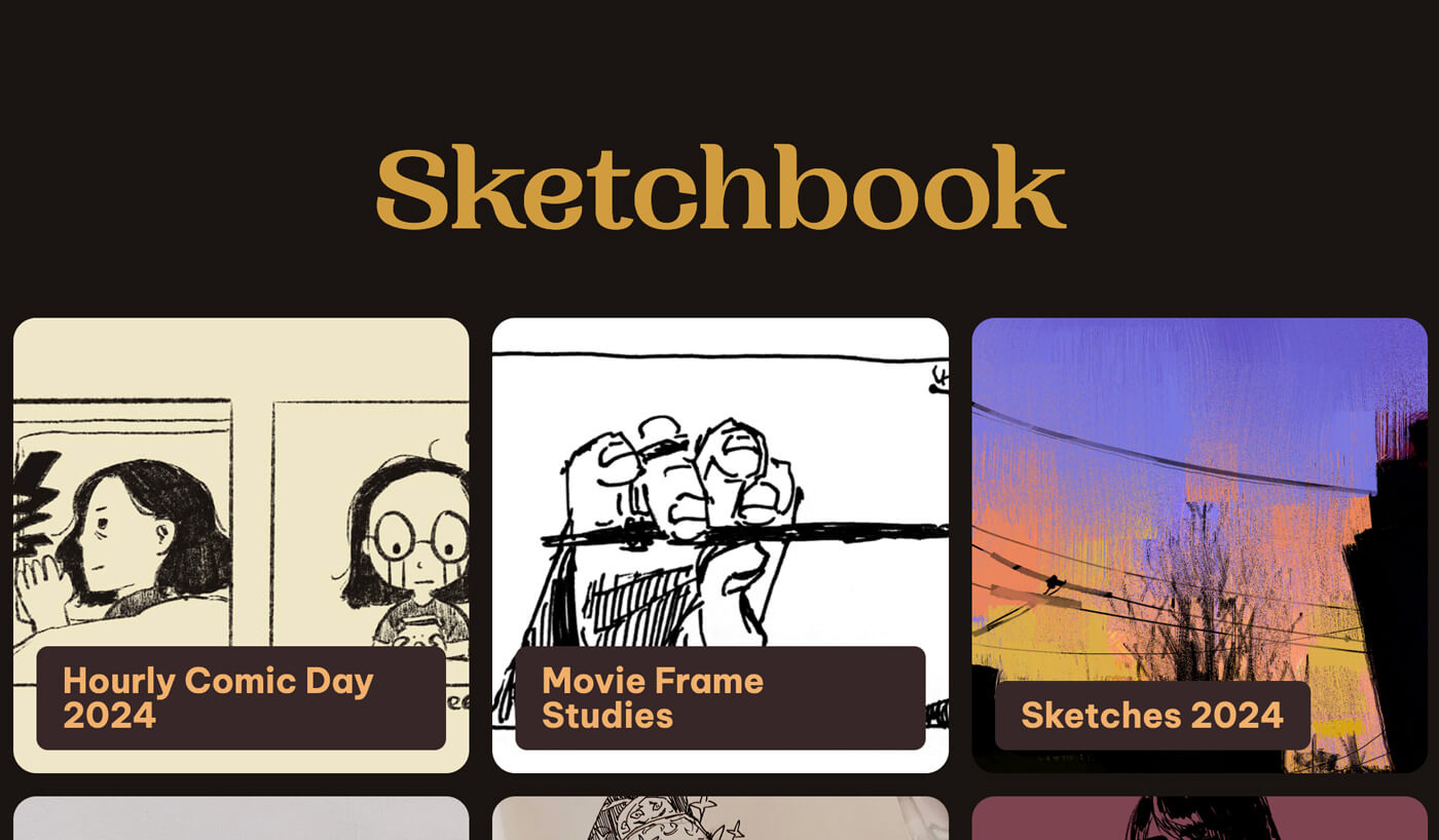 My 'sketchbook' page, which displays sketch thumbnails in a 3-column grid.