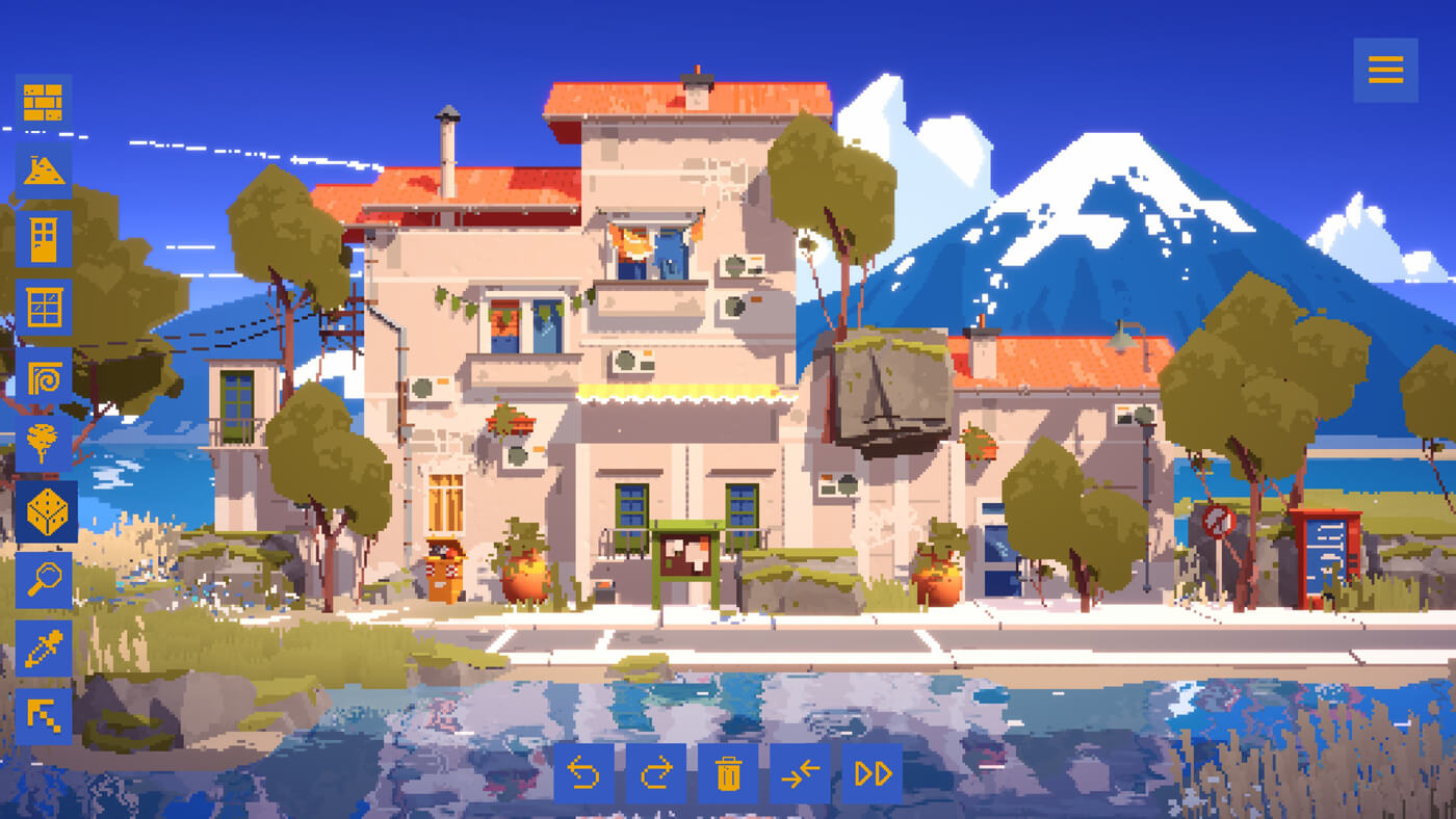 Game screenshot: A simple house decorated with doors and windows, surrounded by trees and various decor like plants, signs, and textures. It's built in front of some water. In the background is a mountain. It's pixel art and the style is cute.