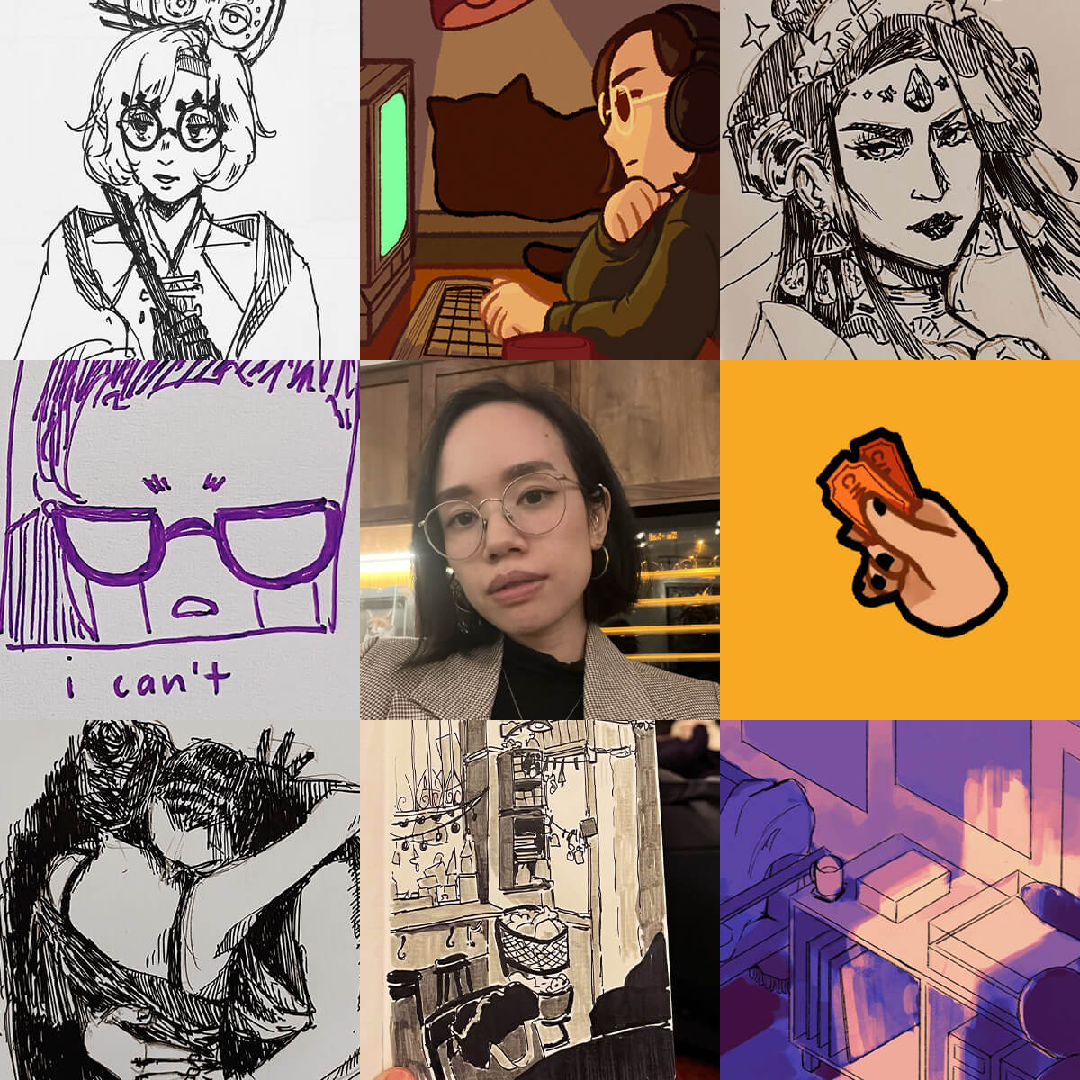Three by three grid, showing thumbnails of 8 pieces of artwork—mostly sketches—and a selfie of myself.
