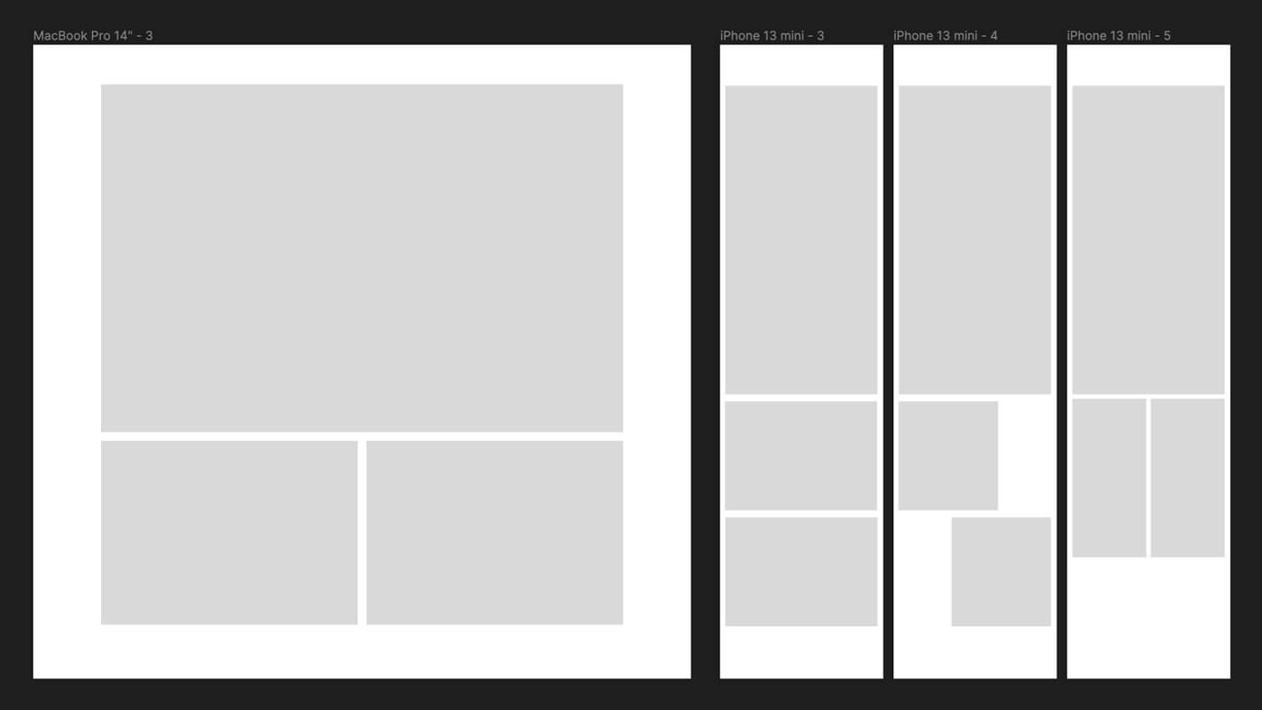 The same desktop comic layout as before. Now there are three mobile layouts, showing how the first large panel is transform to be a tall portrait panel. The next two panels have several versions, from being smaller landscape panels, staggered squares, or short narrow columns.