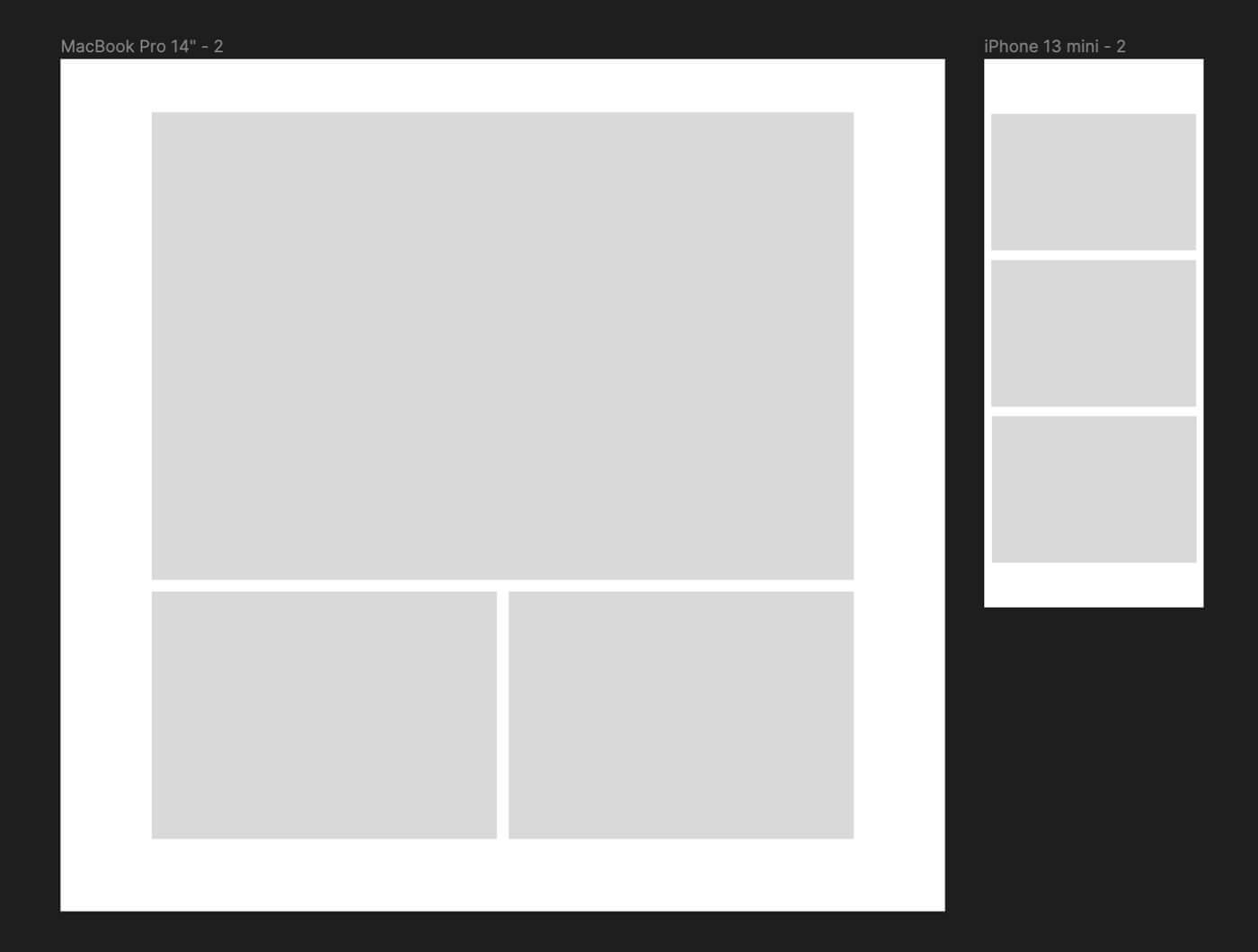 3-panel comic, depicted as simple boxes, on desktop and mobile. On desktop, panel 1 is a large landscape panel, and panels 2 and 3 fill the next row in two columns, each about a quarter the size of the first panel. On mobile, all three panels are stacked in a single-column, and while they maintain the same proportions as on desktop, they are all the same size.