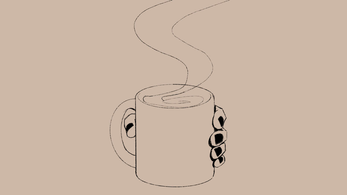 A hand holding a mug, which emits a thick plume of smoke.