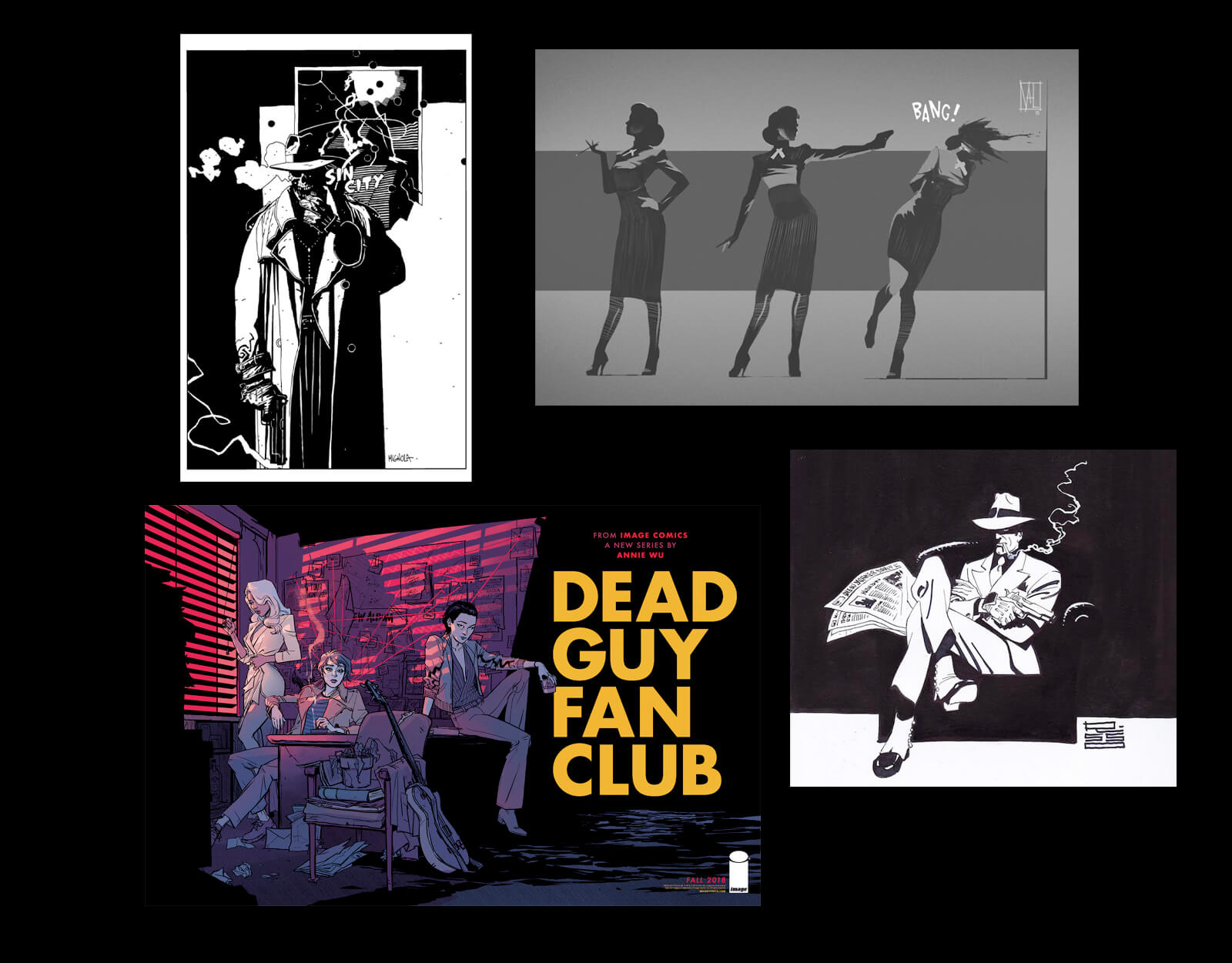 Comic illustrations that have strong shadows, smoking characters, and otherwise depict common noir themes.