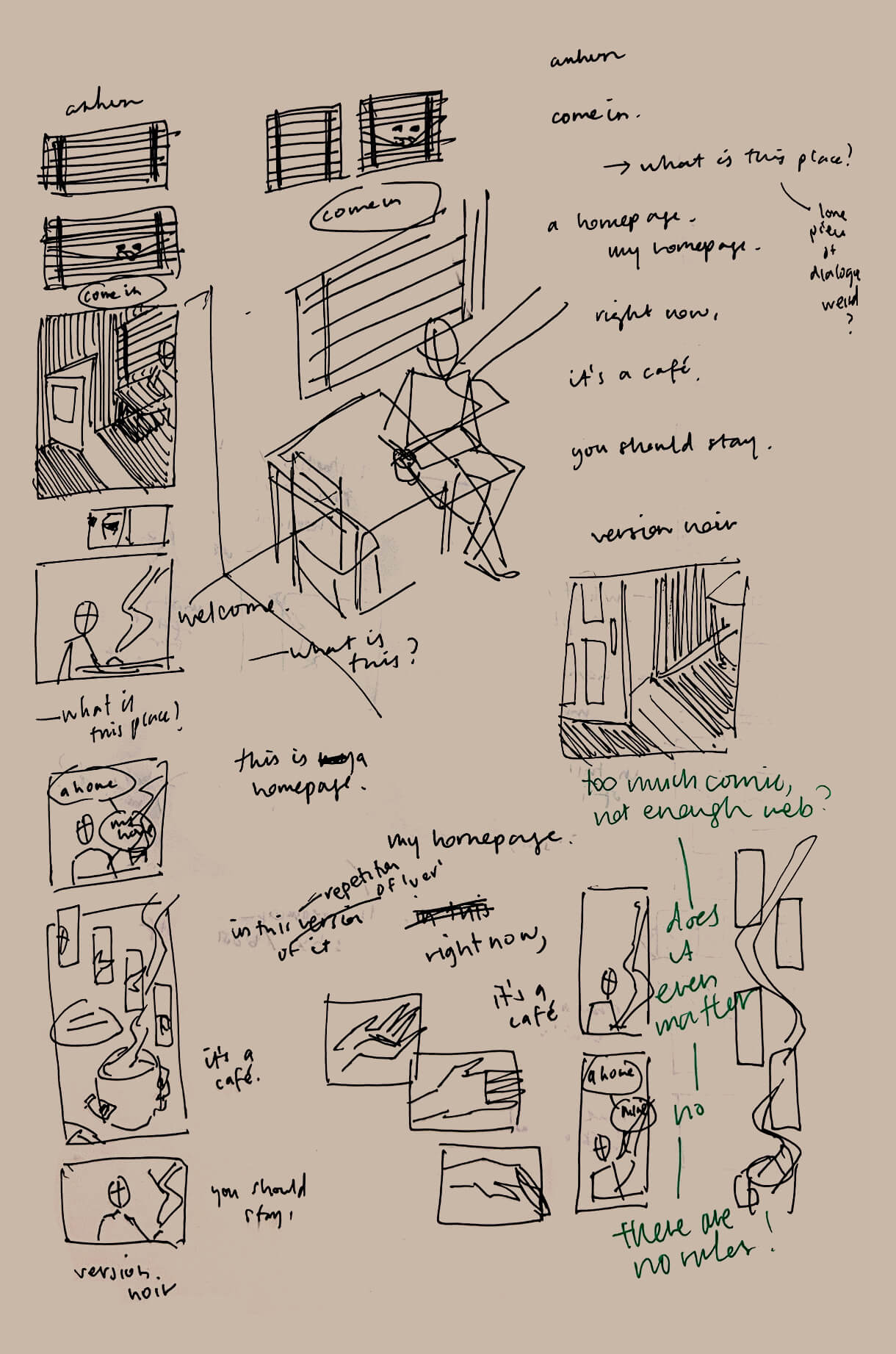 Messy page of thumbnails and dialogue notes.