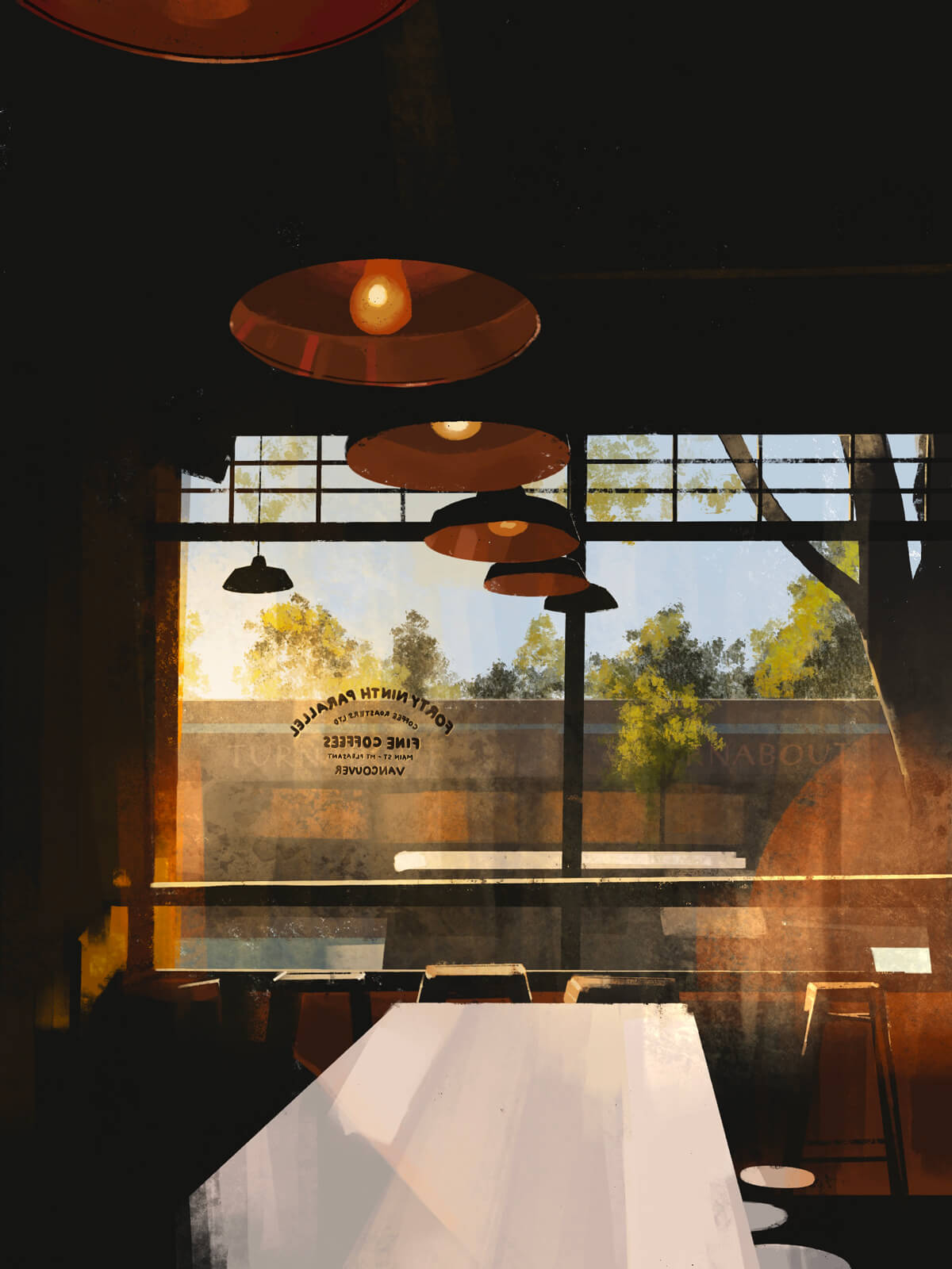 Digital painting of the shadowed interior of a cafe, looking out the window. Lights hang from the ceiling, and there’s a long wooden table in the foreground. Through the window filters strong yellow lighting.