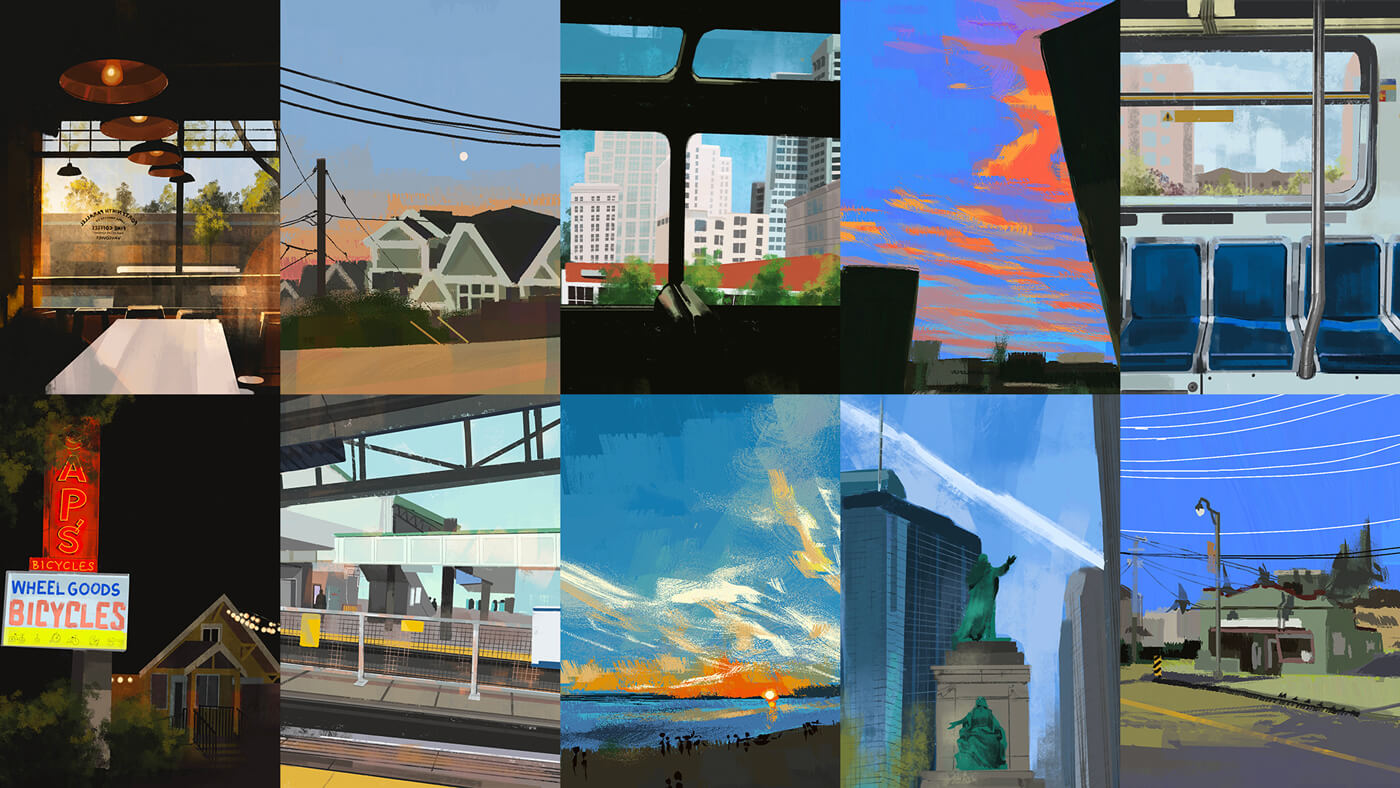 Grid of digital paintings of various environments.