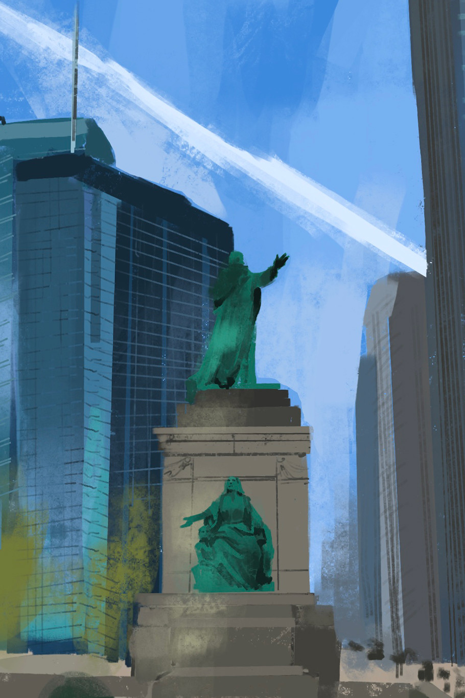 A messy digital painting of two turquoise sculptures of religious figures, gesturing with their hands outstretched on a pillar outdoors. In the background are tall glassy buildings on a bright blue sky. The brush strokes are messy and edges are generally uneven.