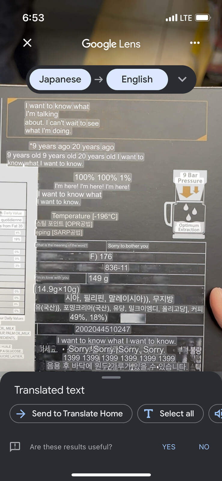 Google Lens translation of an espresso carton. The text is korean, but the translation goes from Japanese to English, resulting in oddly poetic nonsense text.