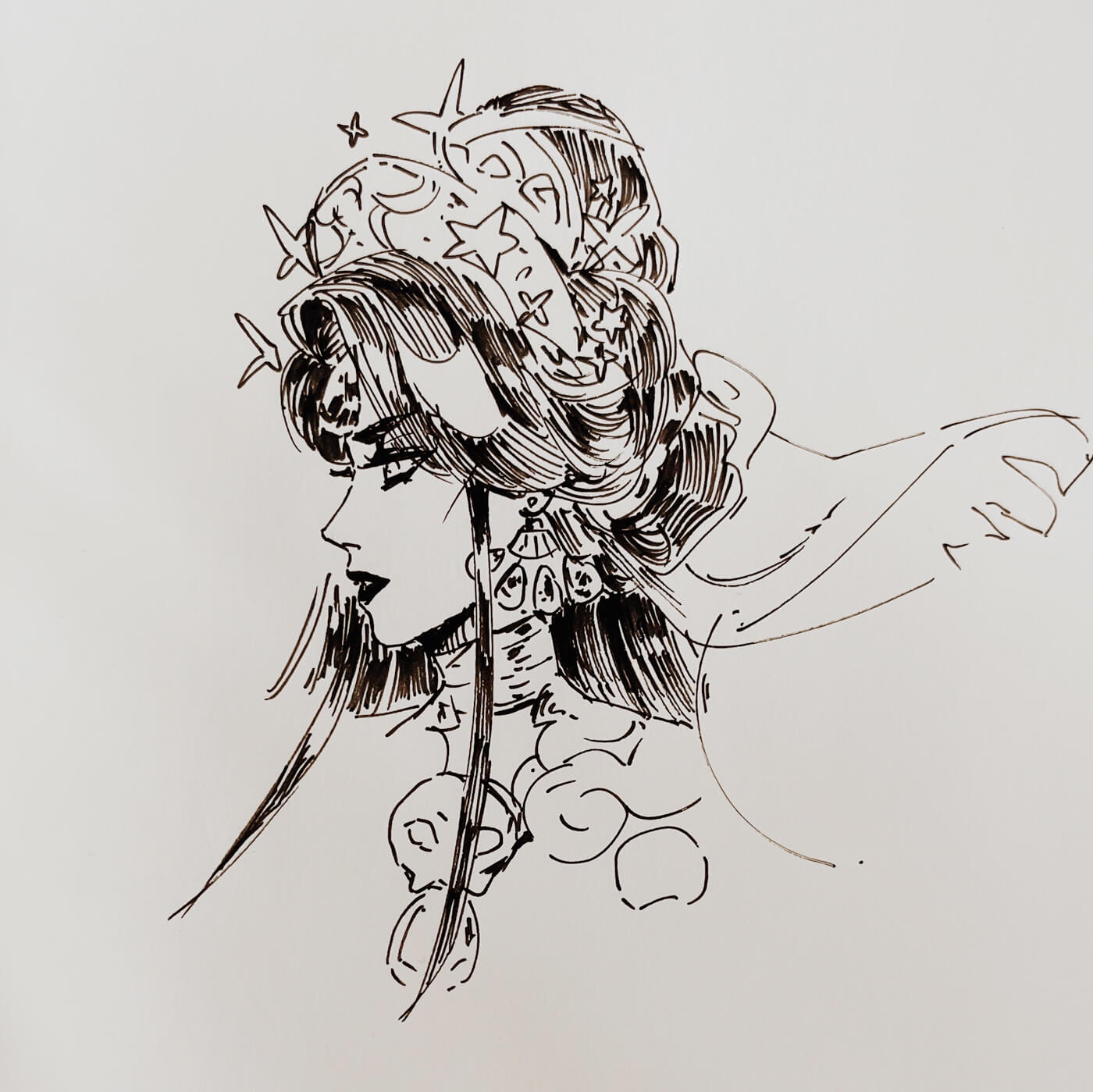Ink headshot sketch of Nyx looking sternly to the side. Her hair is very big.