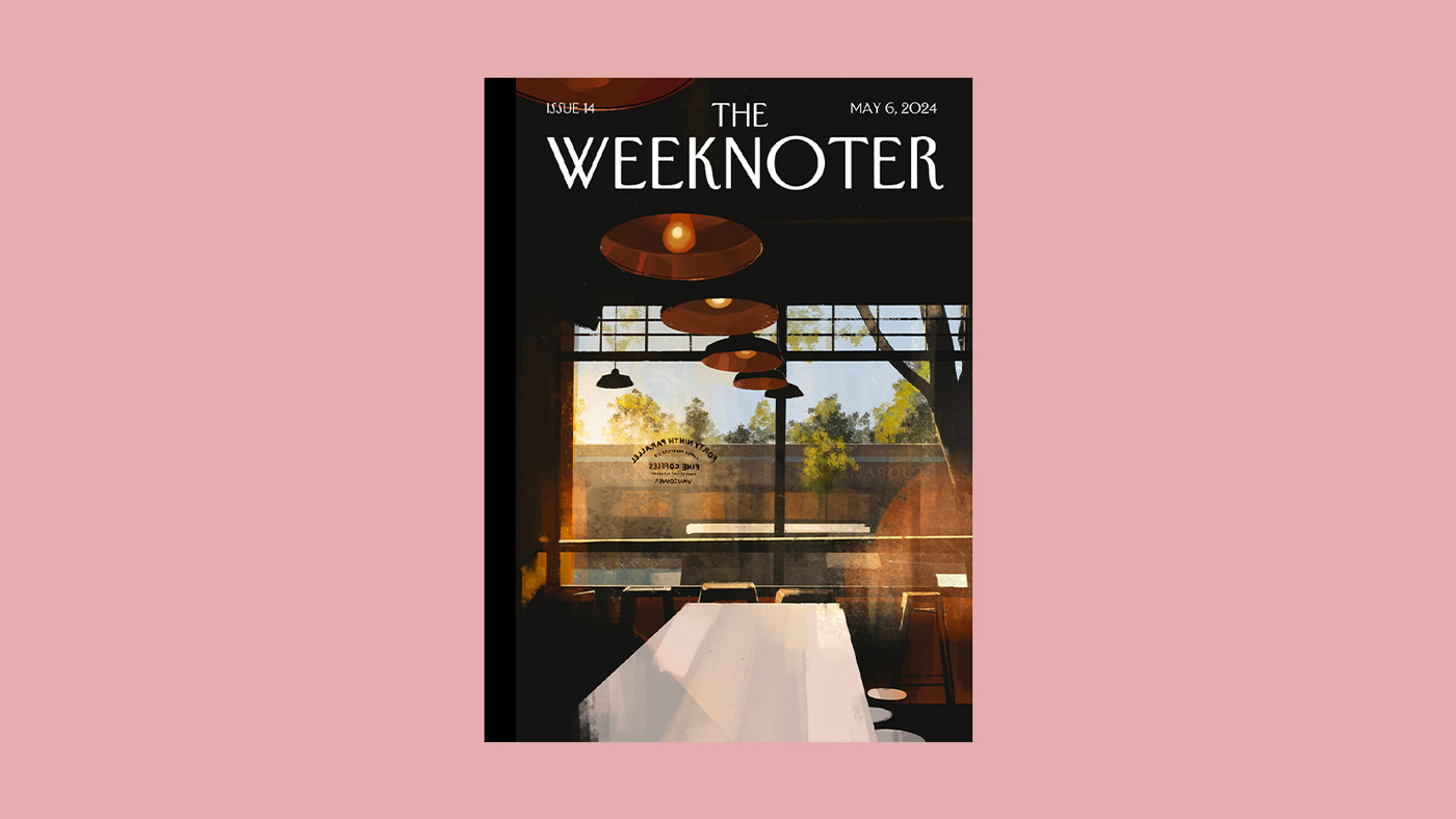 The cover of a fake magazine titled 'The Weeknoter', styled like The New Yorker. The cover features a digital painting of the interior of a shadowed cafe, with warm lighting filtering through the windows.