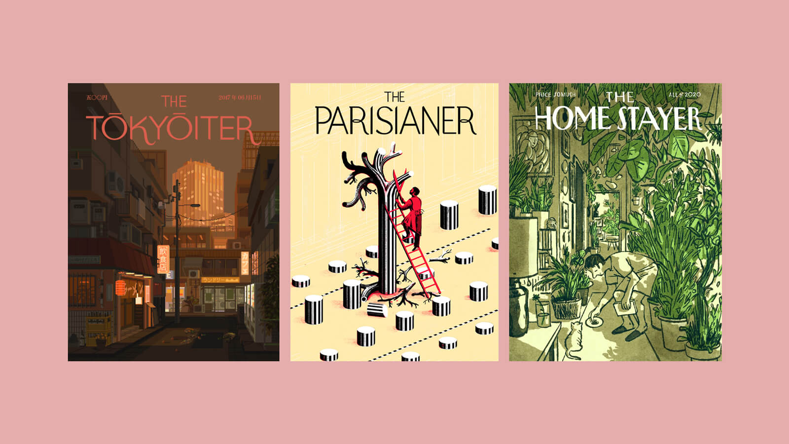 Three illustrated New Yorker-homage covers: 1. a dusky street view of Tokyo; 2. A red figure cutting down a tree; 3. a figure feeding a cat in a house stuffed full of plants.