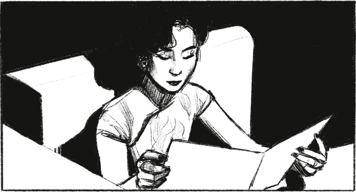 Sketch of Maggie Cheung reading a menu, seated in a restaurant booth.