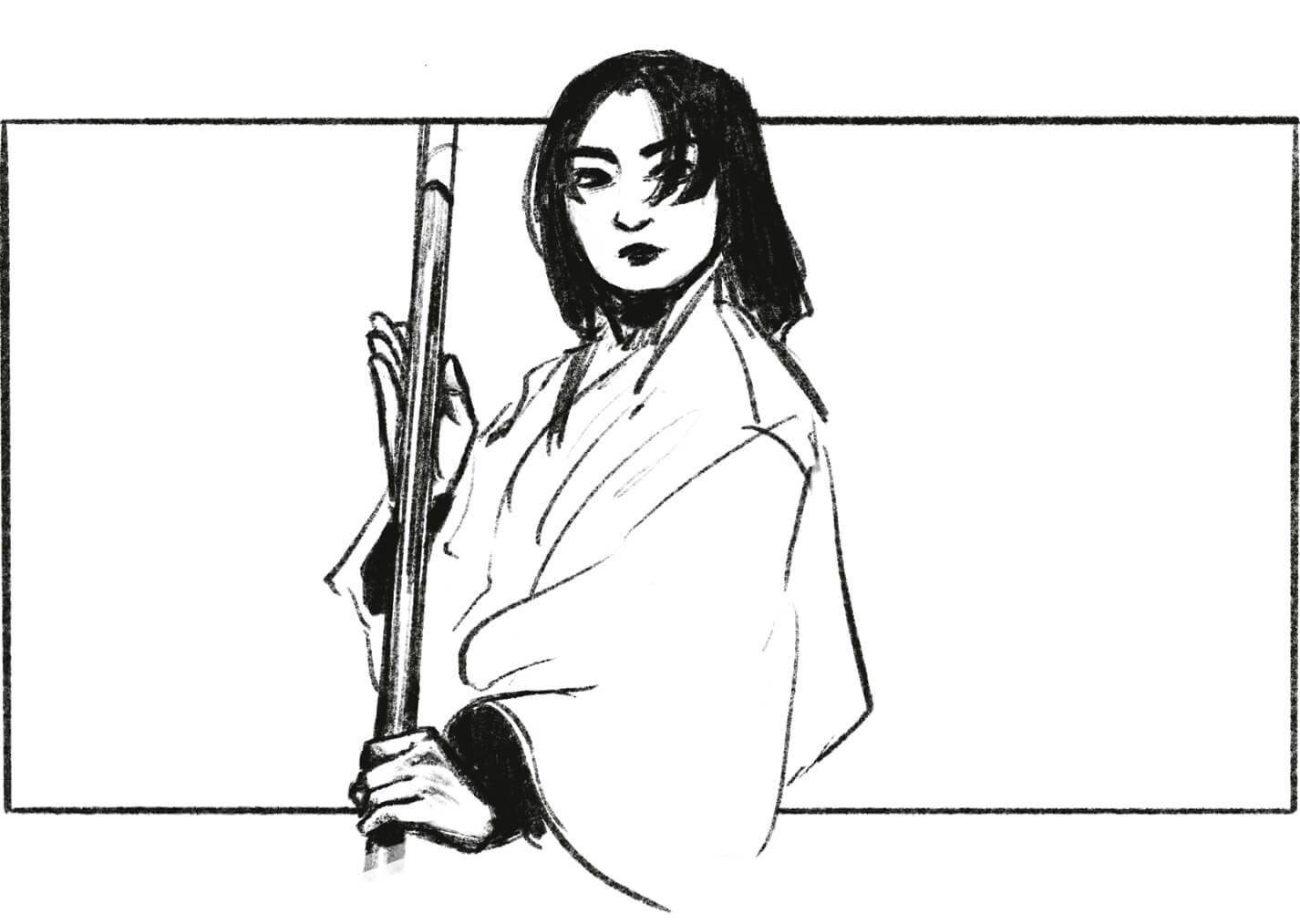 Sketch of Mariko from Shogun, wielding a polearm, referenced from episode 9.