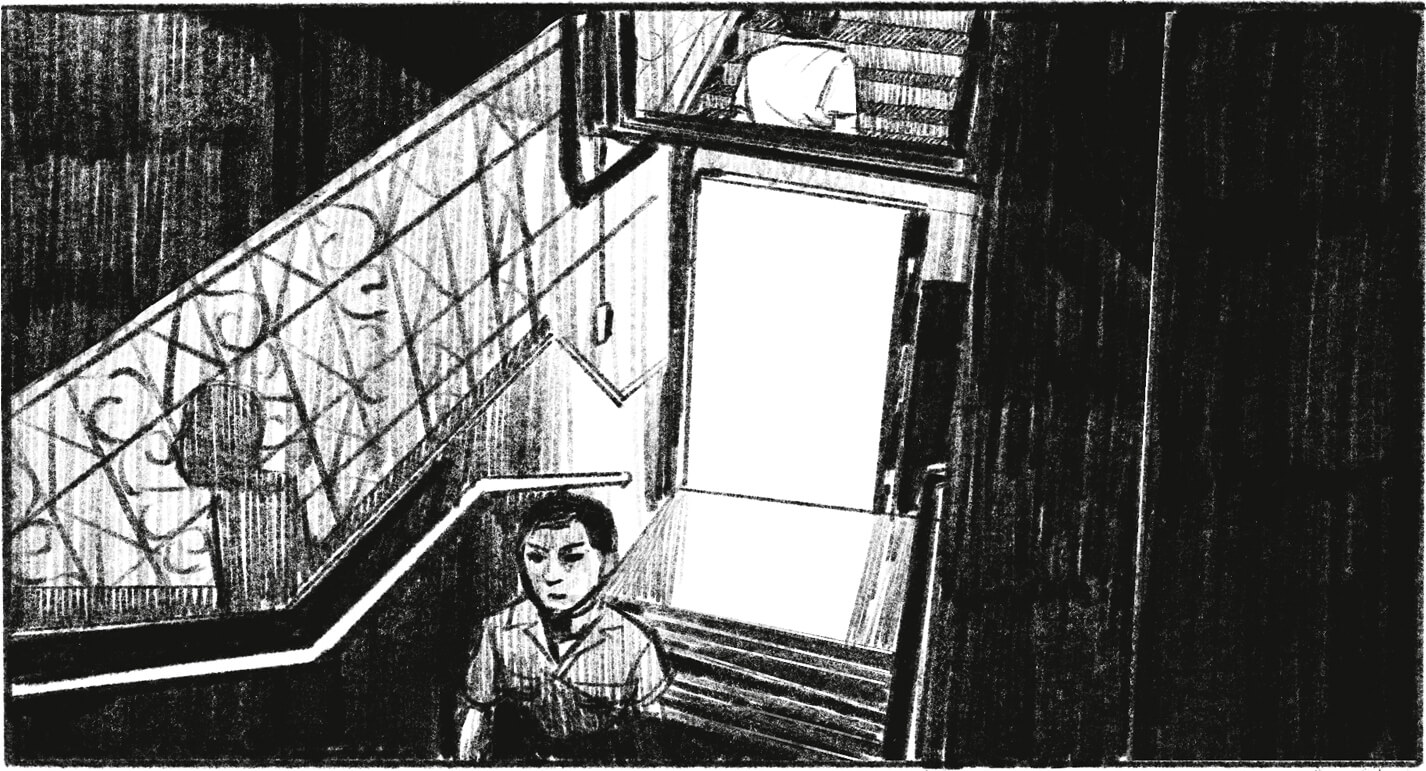 Sketch of a frame from The Sympathizer, showing the captain walking up the stairs. His silhouette is visible on the wall beside him, and a mirror behind him shows his back.
