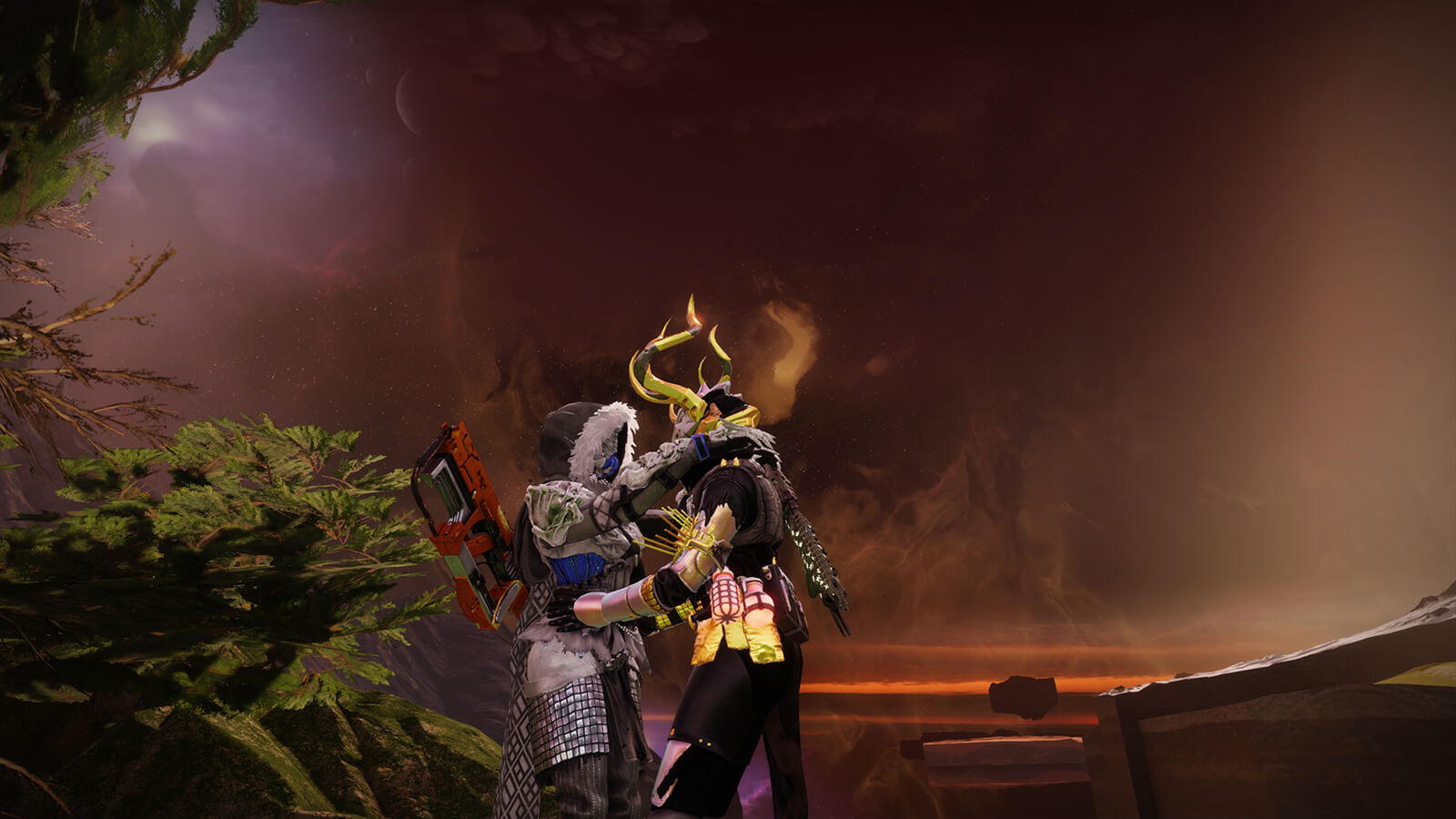 Two guardians dancing in front of a dark nebulous sky.