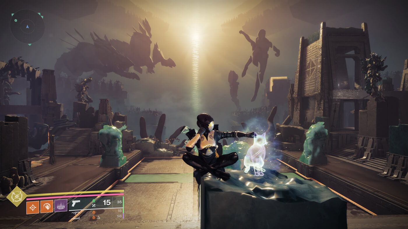 My warlock emoting with a cat on a pillar in the second encounter.