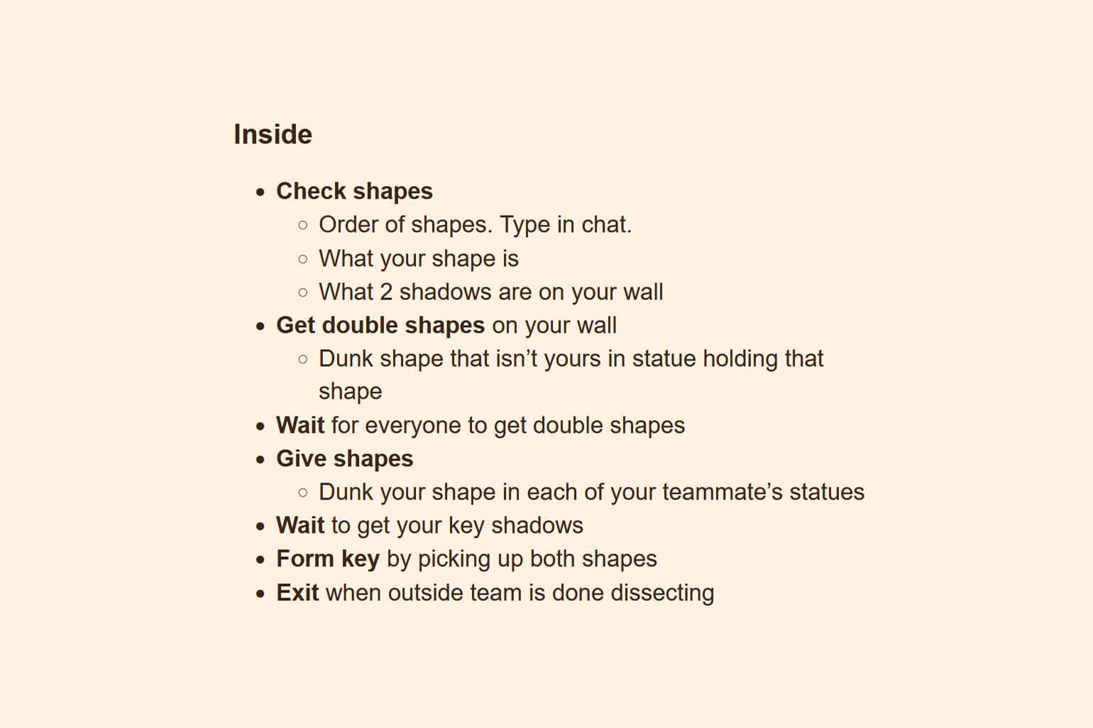 Screenshot of a bullet list of steps to follow for 'inside' mechanics.