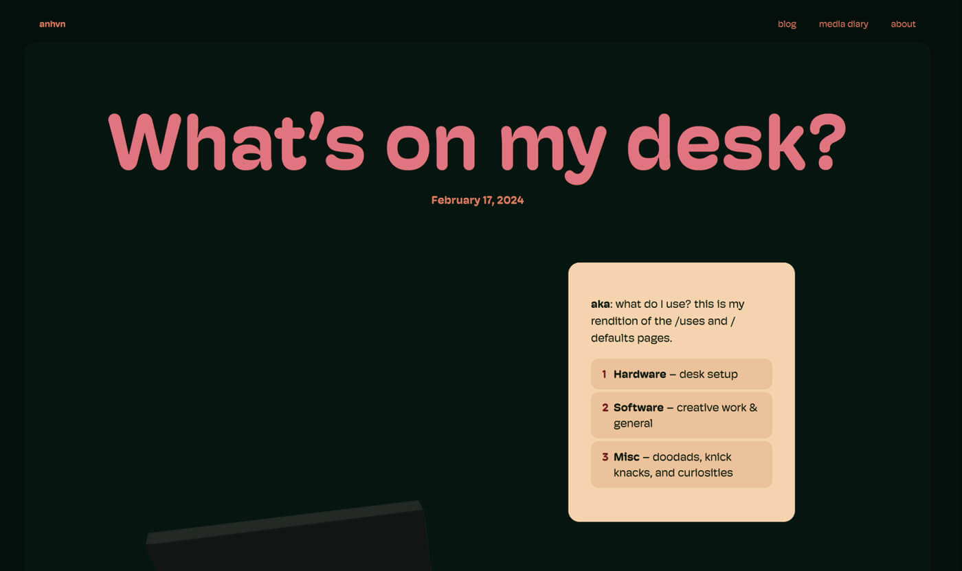 Page mockup titled 'what's on my desk?'.