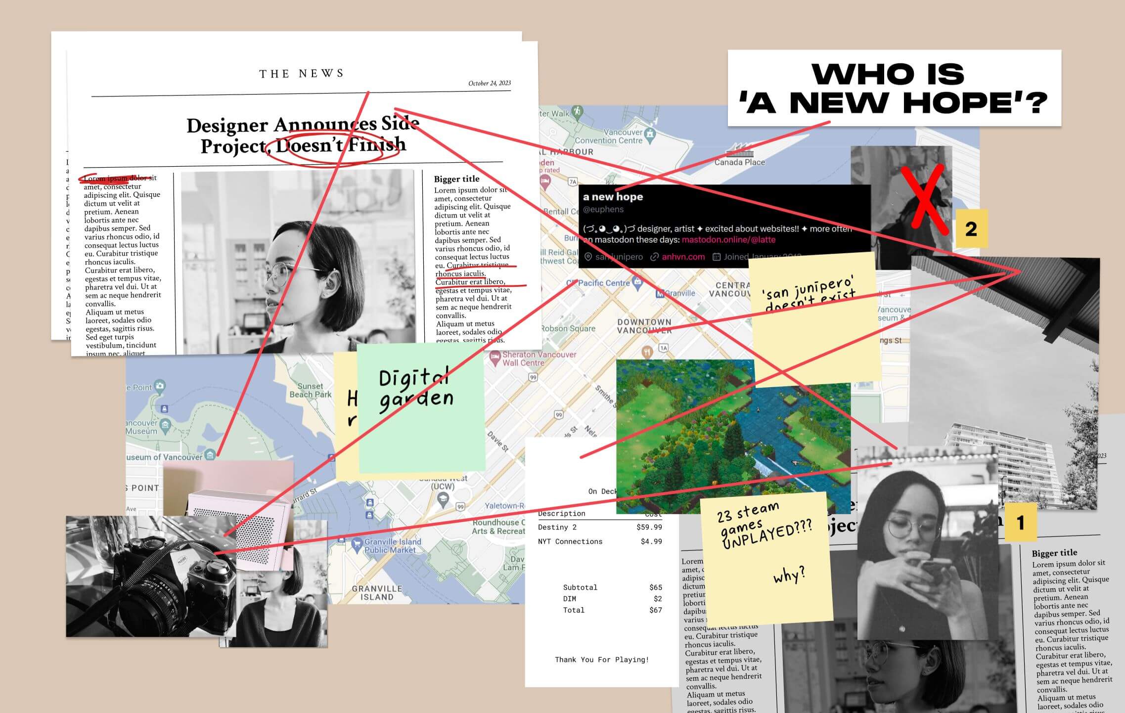 A bunch of screenshots and images of and about me, mocked up like a 'conspiracy board', with random red lines connecting various images. A headline reads 'who is a new hope?', and various rectangles styled like sticky notes are positioned throughout, questioning who I am.