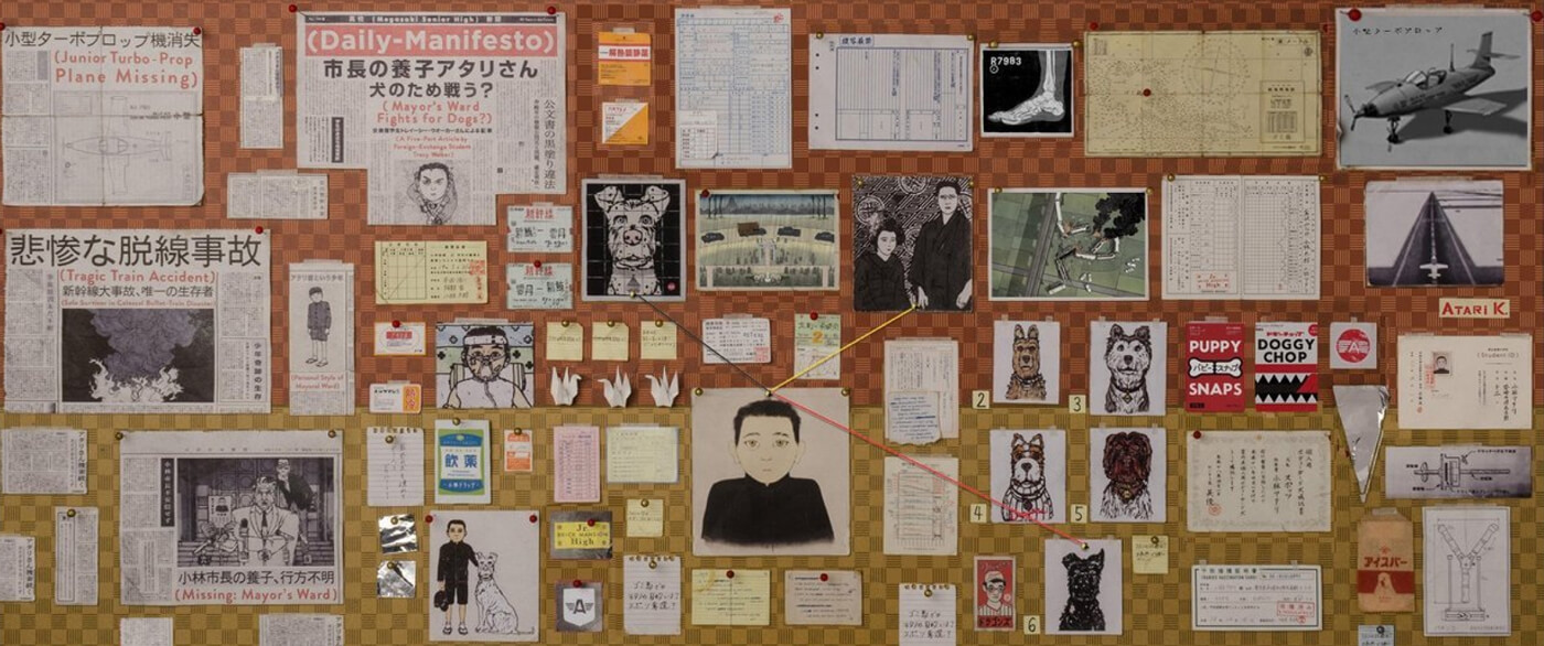 An evidence board from Isle of Dogs, where news clippings, photos, notes, and other papers are laid out in a structured grid layout rather than haphazardly positioned around.