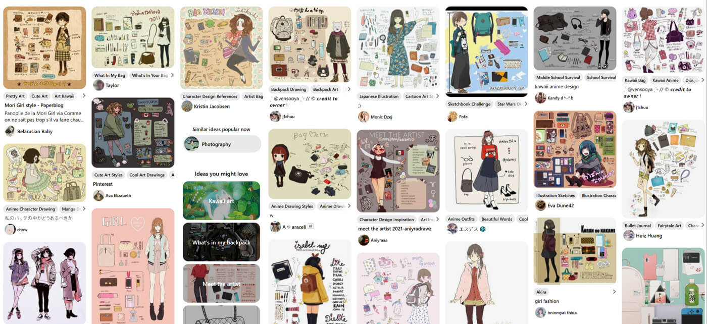 A bunch of drawings, where each features a cartoony drawing of a person, with drawings of items from their bags around them. The colour palettes and drawing styles vary greatly.