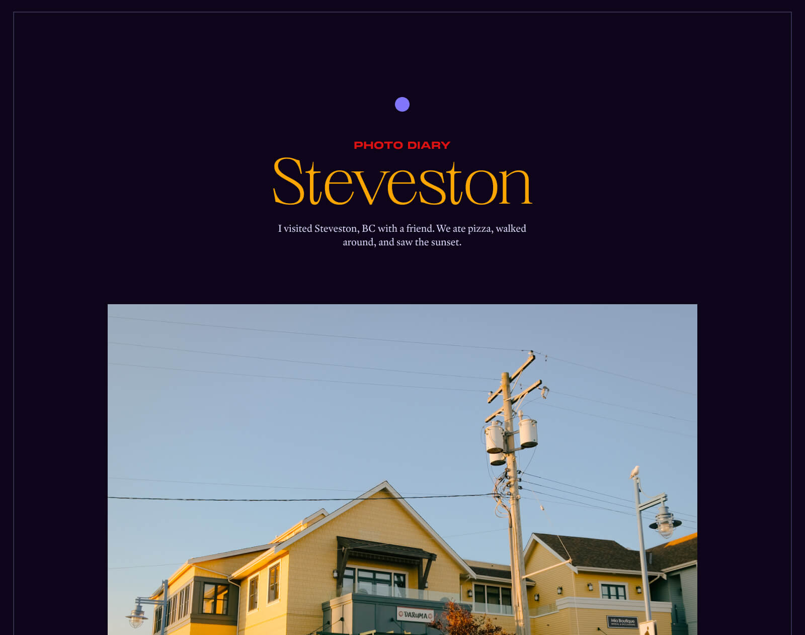 A blog post mockup titled 'Steveston', featuring a dark purble background, bold yellow title text in a spiky thin serif font, and red text as a subtitle.