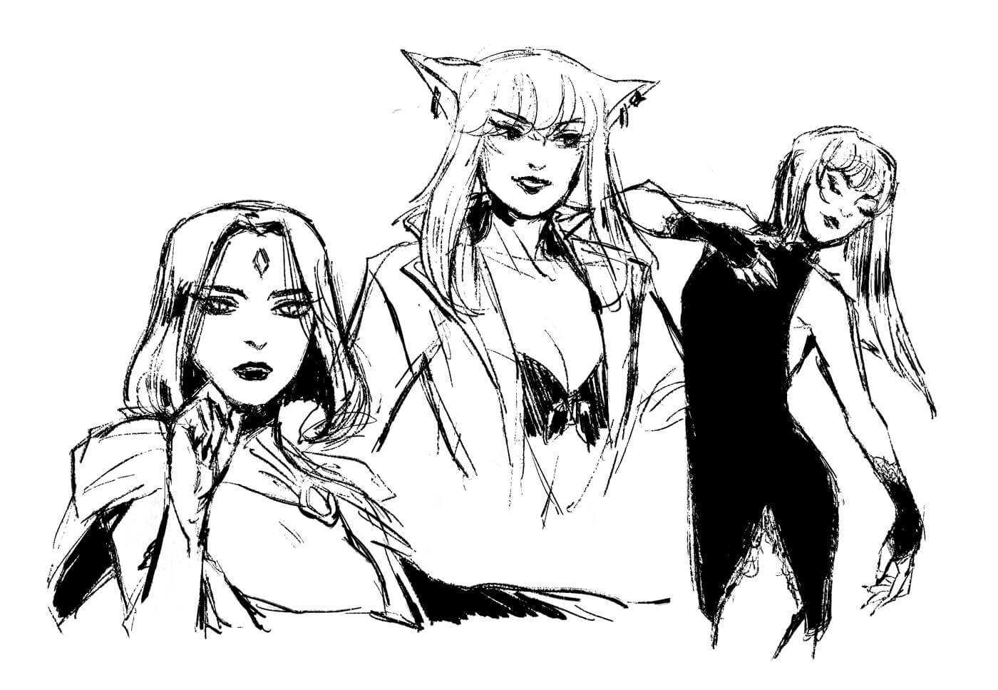 Three digital doodles, drawn with a scratchy pen: Raven of Teen Titans, looking contemplative with her hand held to her face. My Final Fantasy character, a cat girl with a long jacket and bikini top. A female figure making a sort of dancing gesture, wearing black with long hair.