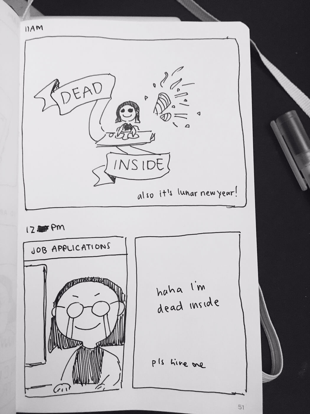 11am: one panel where I sit at my desk and am surrounded by ironic celebratory ribbons and confetti, pronouncing me dead inside. Also, it's lunar new year. 12pm: I'm doing job applications, crying, and am dead inside.