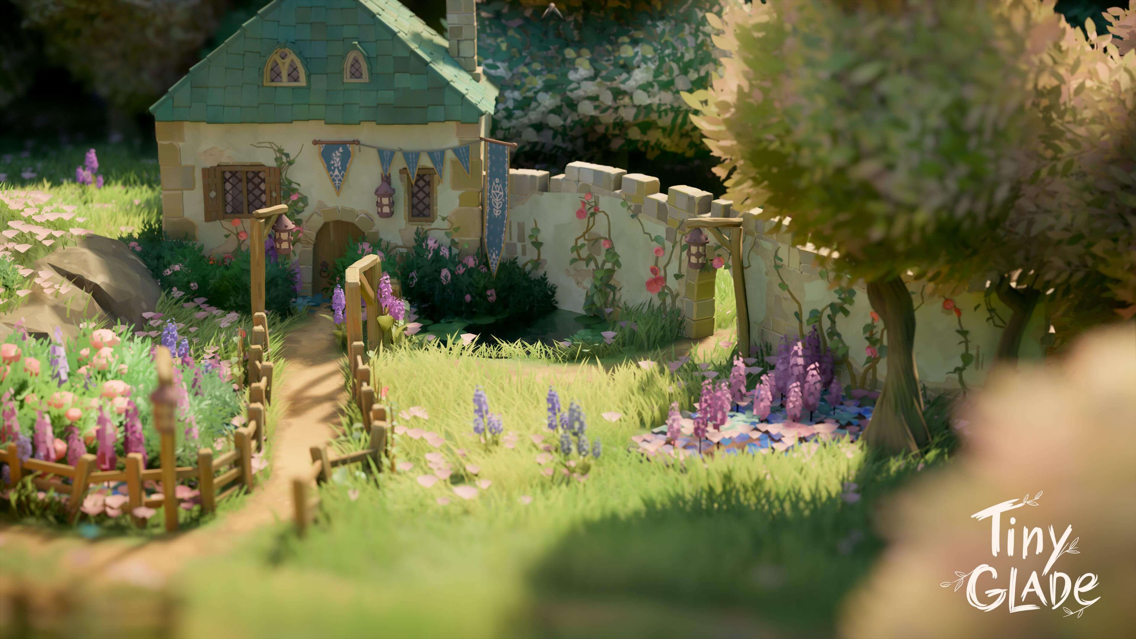 Game screenshot of a little cottage surrounded by grass, plentiful flowers, and trees. A pathway lined by a wooden fence leads out from the cottage's wooden door. There's a tiny pond with lily pads. Decorative blue flags hang out front.