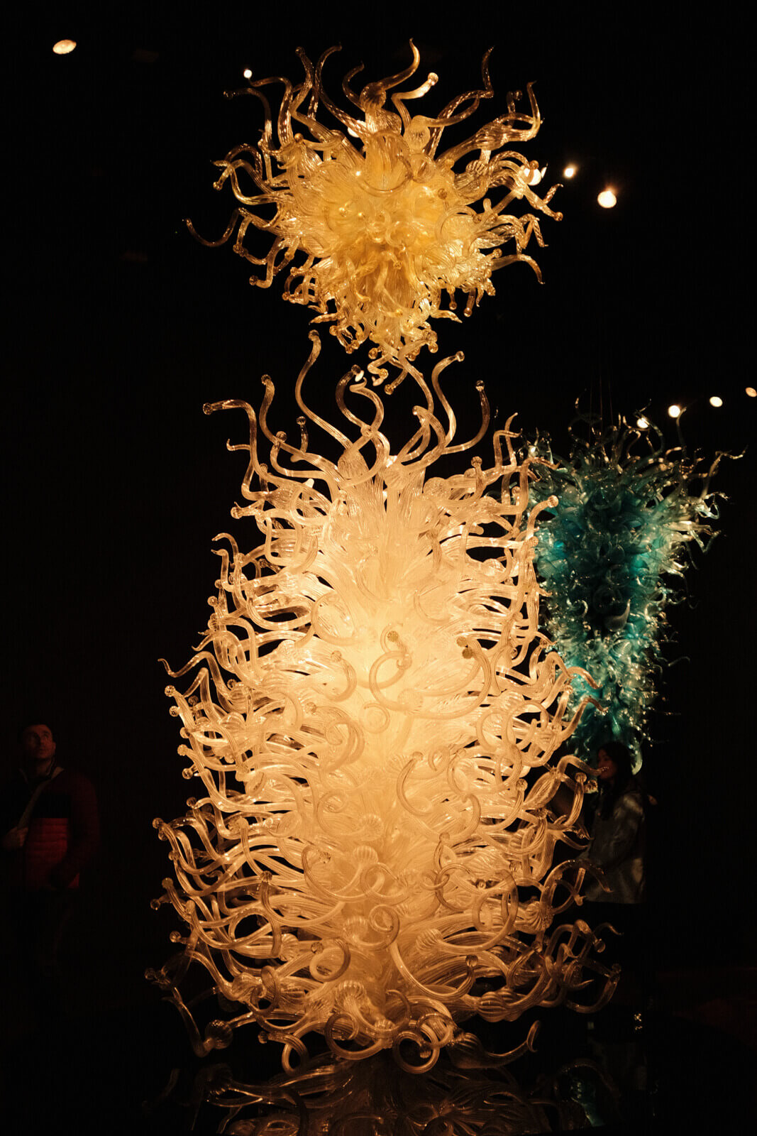 A glass sculpture of a chandelier, of countless clear tendrils. Warm light comes from within.