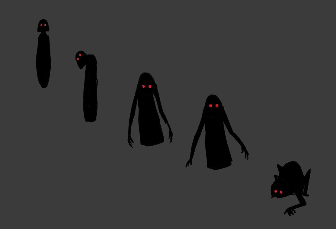 A row of ghost-shaped figures, which are vaguely humanoid with long arms and glowing red eyes. The last ghost is an exception, crawling on the ground like a bug.