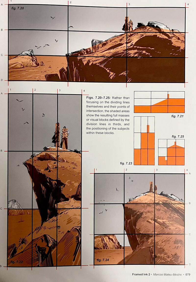 A scene of two figures standing on a low cliff edge. It's framed in three different aspect ratios—landscape, portrait, and square—each keeping the same proportion of visual mass.