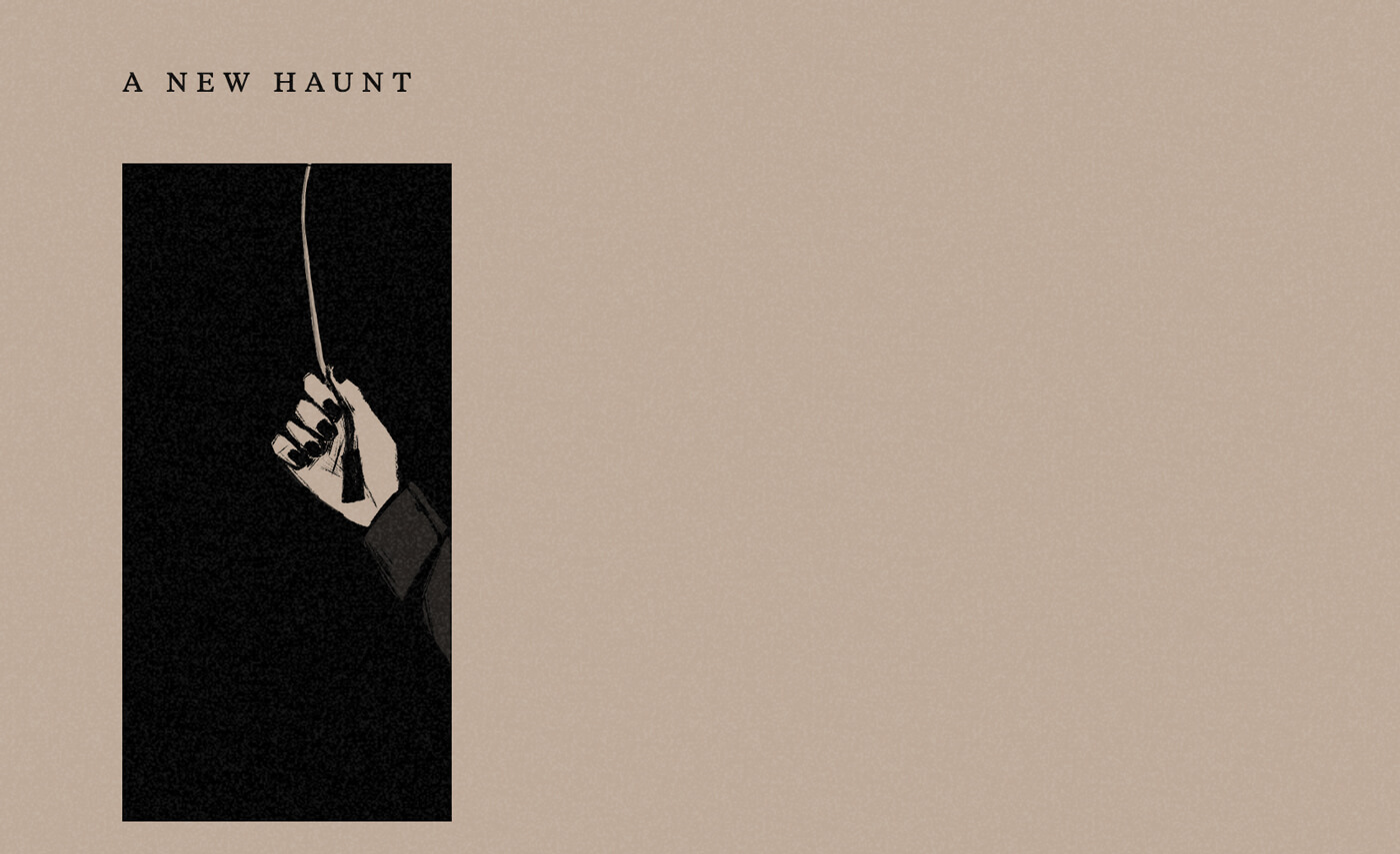 Screenshot of the first comic panel, which features a hand grasping a hanging string on a black background. It's titled 'a new haunt.'