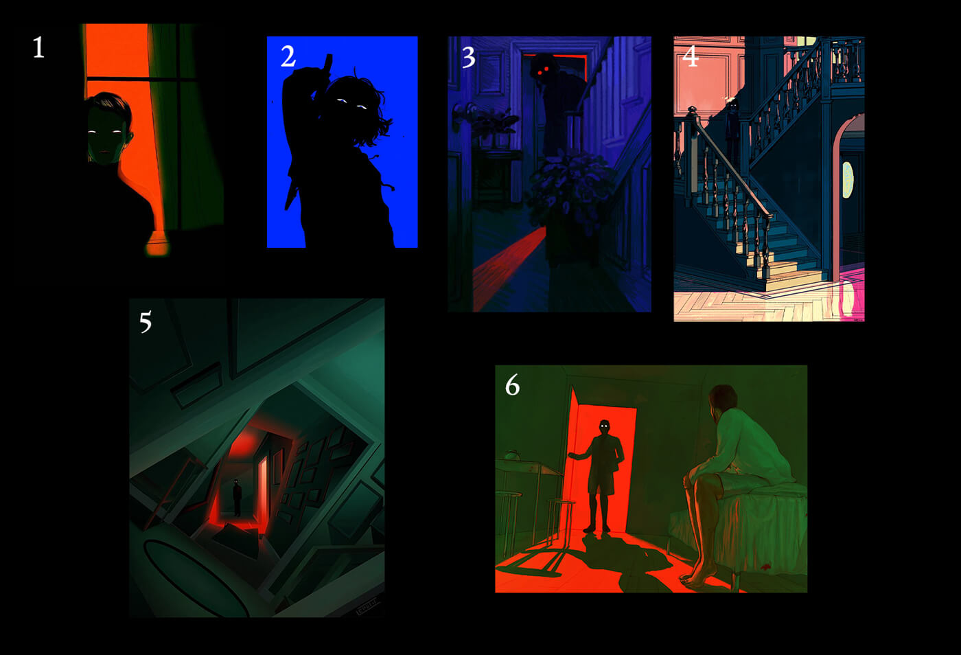 A collage of six illustrations, which all feature a shadowed figure with glowing eyes rendered as simple circles or crescents. The atmospheres are eerie and threatening.