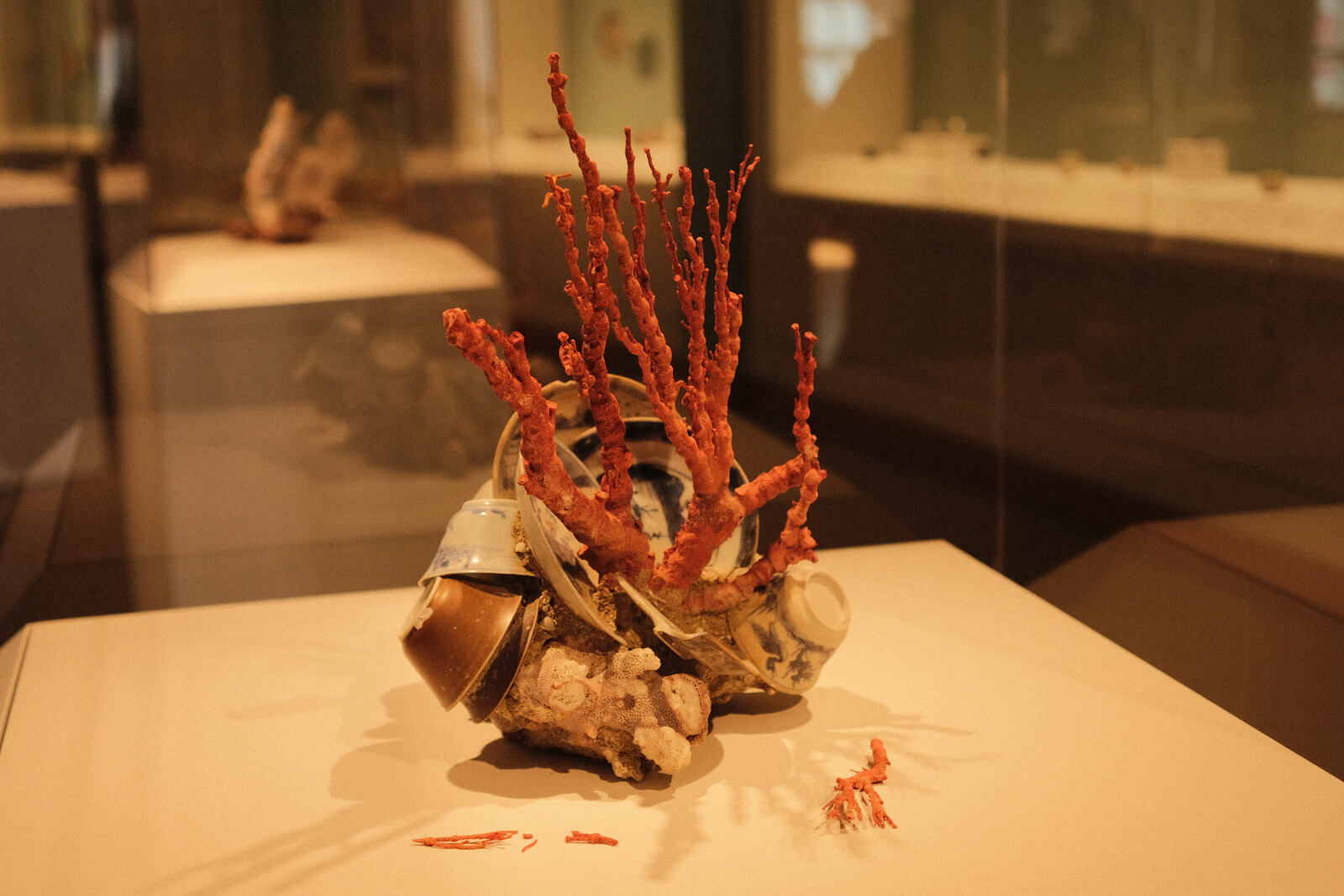 A sculpture of coral and broken porcelain that form an intriguing, messy shape.