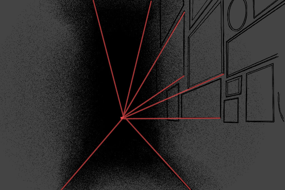 The darkness of the hallway, which is drawn in one-point perspective. There are red lines converging on the vanishing point to demonstrate how the picture frames on the wall line up.