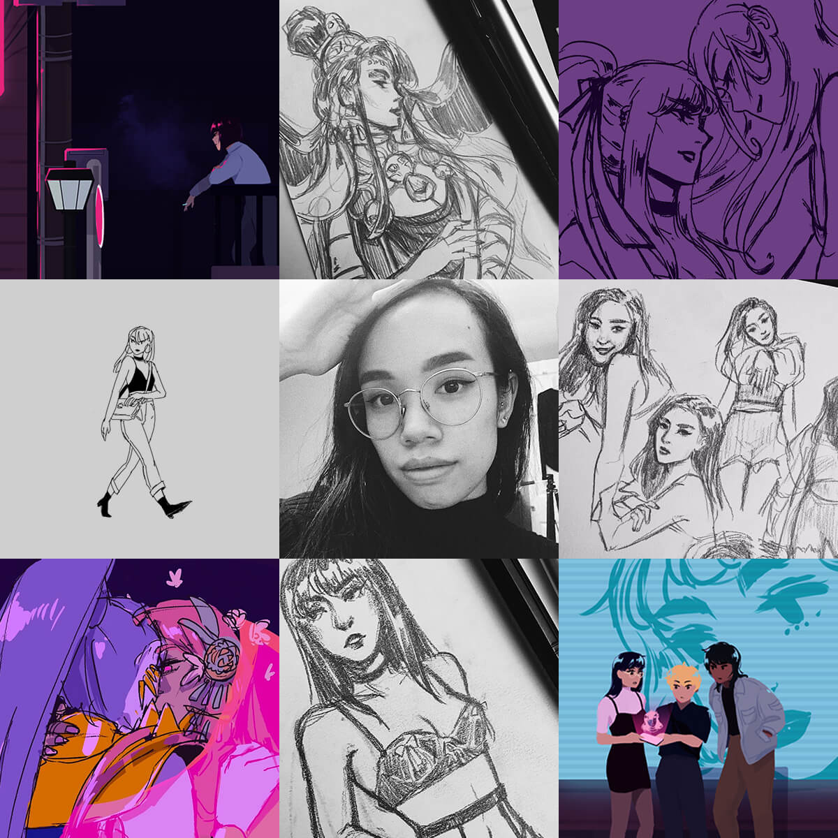 Grid with a mix of pencil sketches and some purpleish digital drawings.