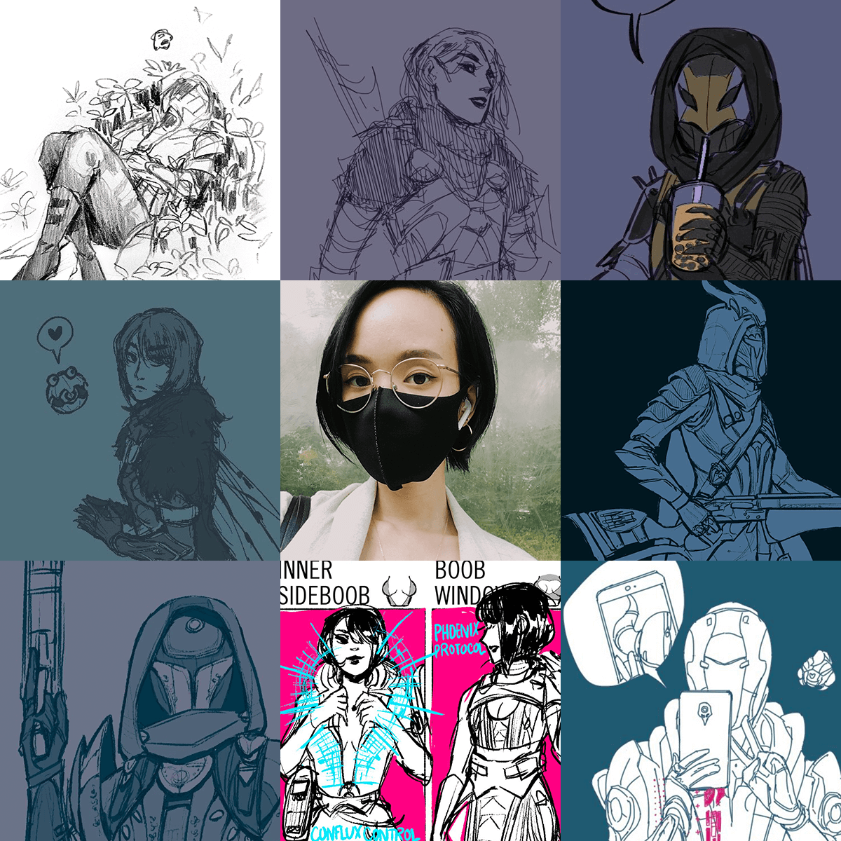 Grid of exclusively Destiny fanart sketches and then one square of my face wearing a mask.