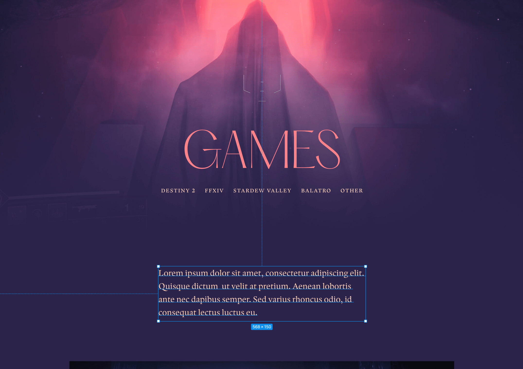 Mockup of a 'games' section, featuring a screenshot from Destiny 2 that blends into a purple background.