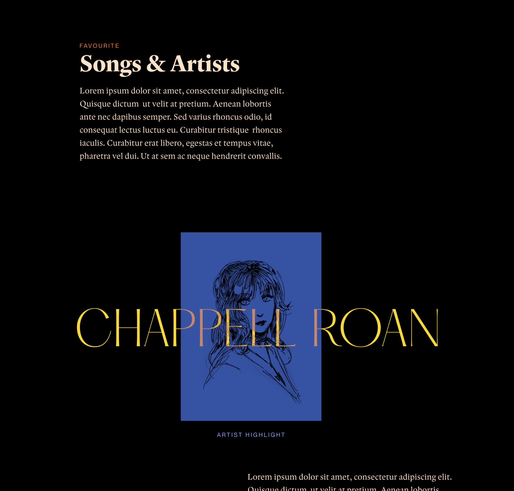 'Favourite songs and artists' mockup, featuring 'Chappell Roan' written in yellow text over a blue sketch of her.