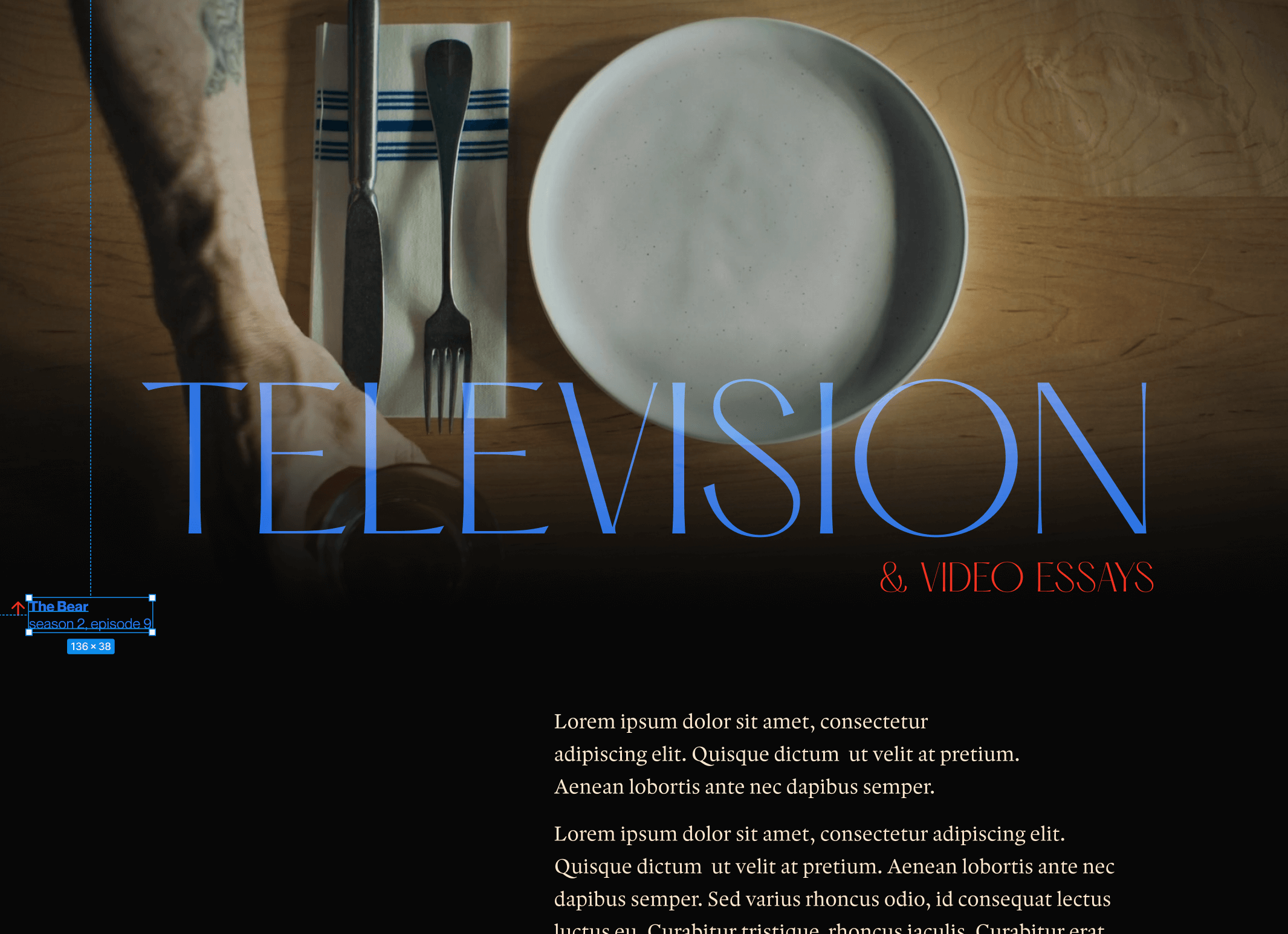 Section titled 'Television and video essays' over a screenshot of The Bear. 'Television' is written in large blue type and 'video essays' in much smaller, red text.