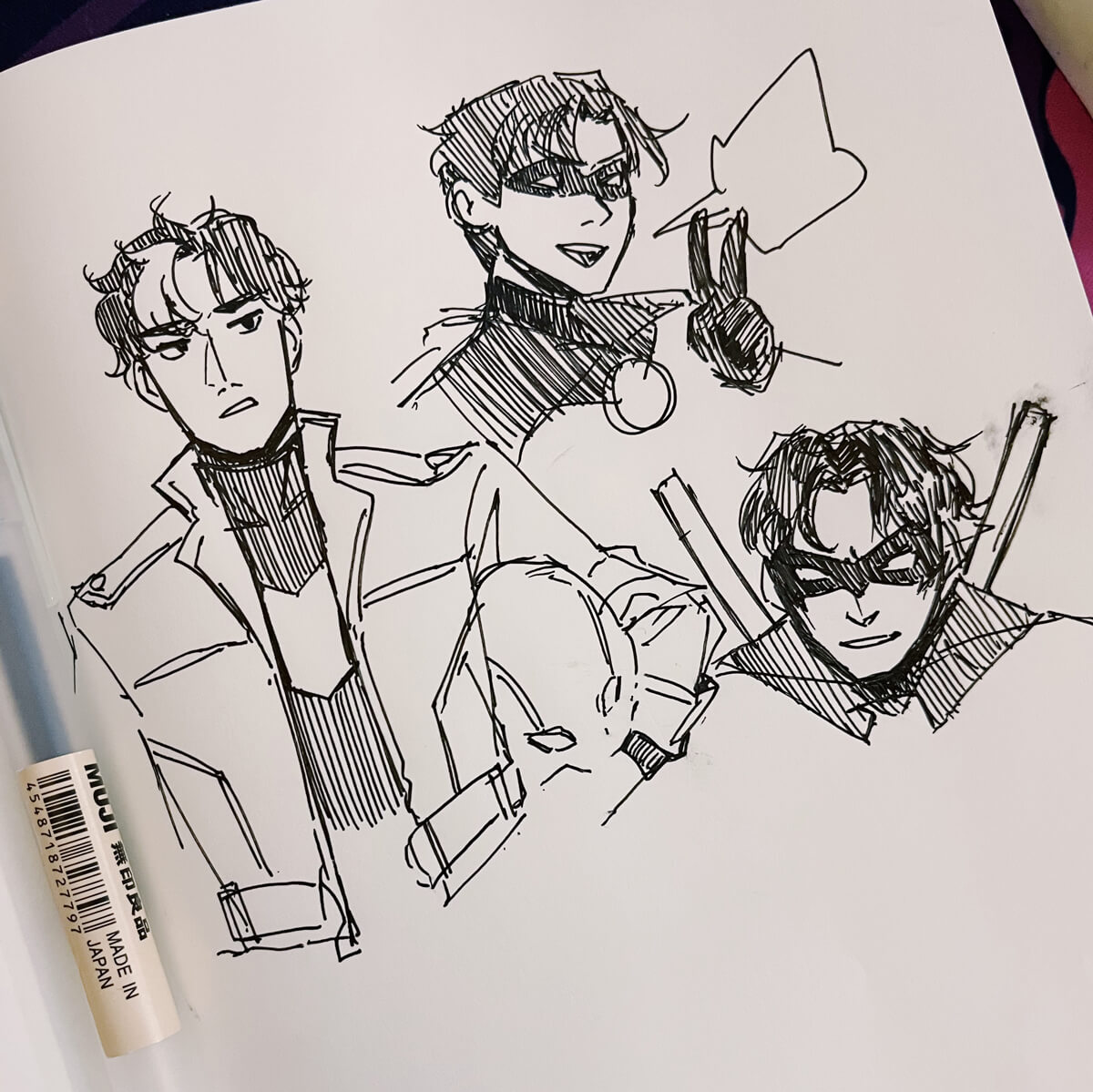 Messy ink doodles of Robins: Jason, Tim, and Dick.