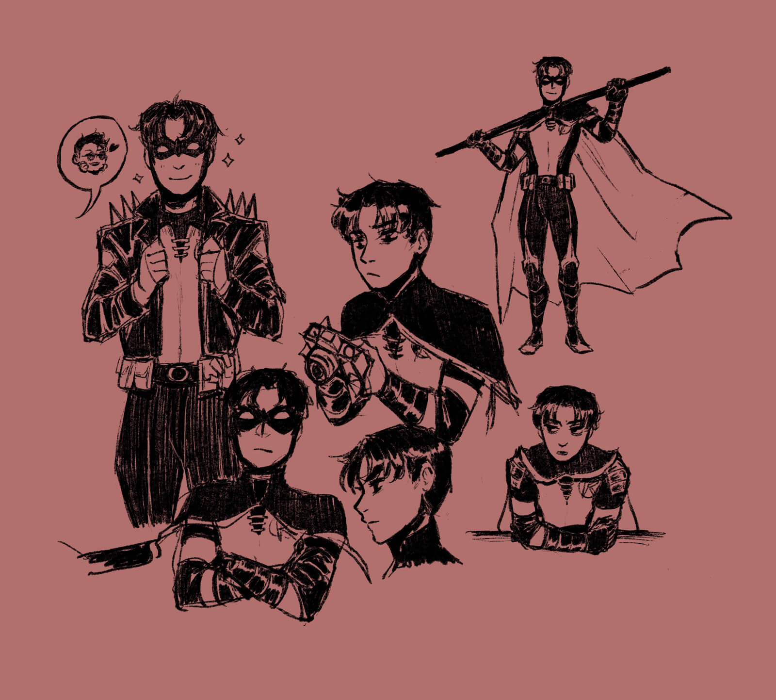 A bunch of digital sketches of Tim Drake: posing with his bo staff; holding a camera; wearing Conner Kent’s leather jacket; crossing his arms and looking grumpy.