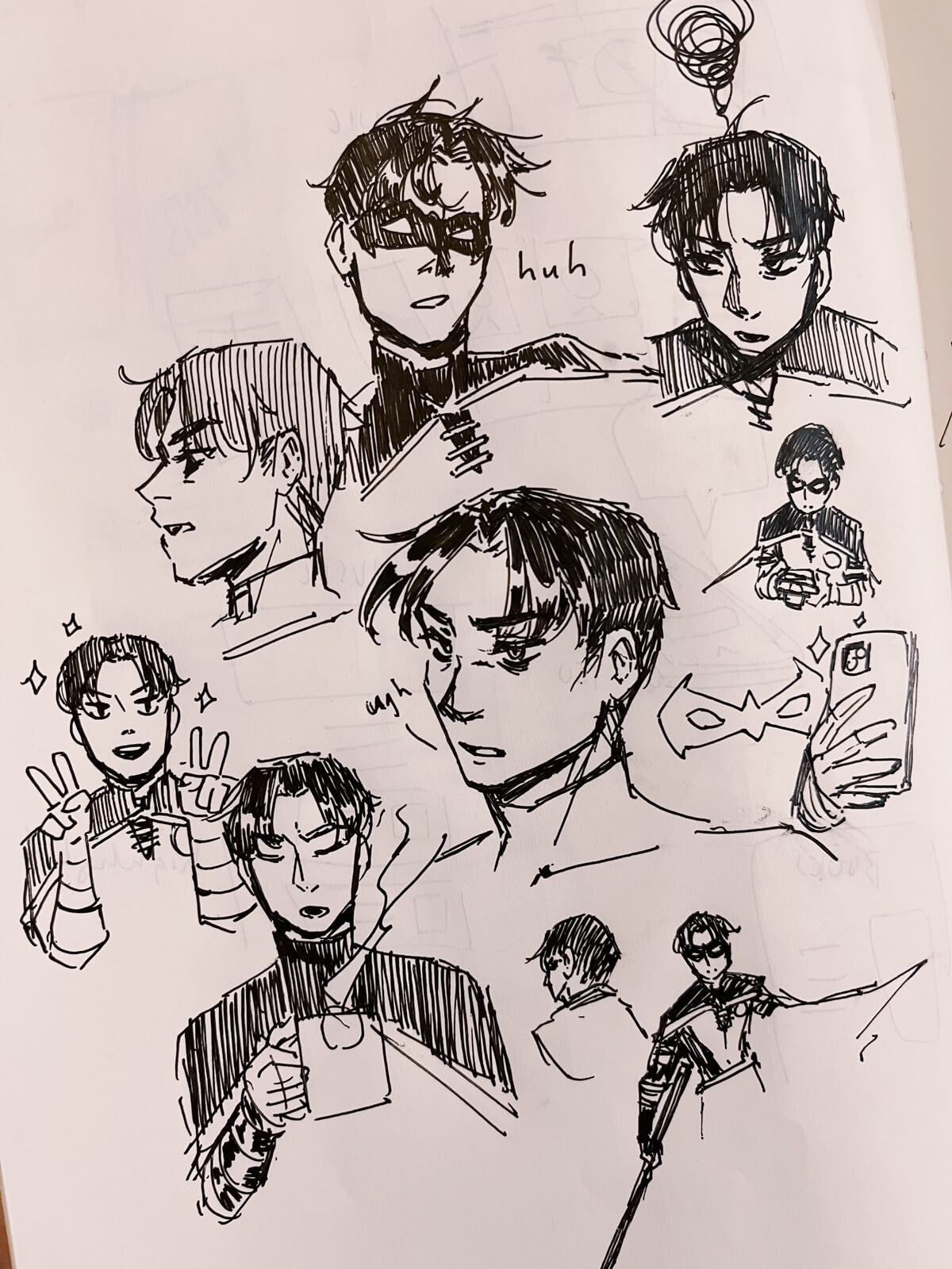 A bunch of messy headshot sketches of Tim Drake looking annoyed and tired.