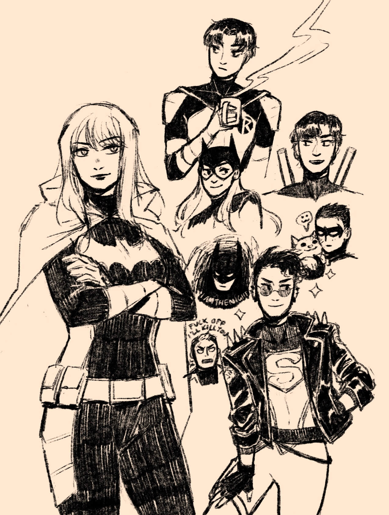 A bunch of digital sketches: Stephanie Brown posing with her arms crossed; Tim frowning and holding coffee; Babs as Batgirl smiling at Dick; Damian holding a cute cat; Conner Kent posing and smirking; a tiny angry Batman saying ‘I am the night’ and another tiny angry Jason saying ‘fuck off I’ll kill you’.